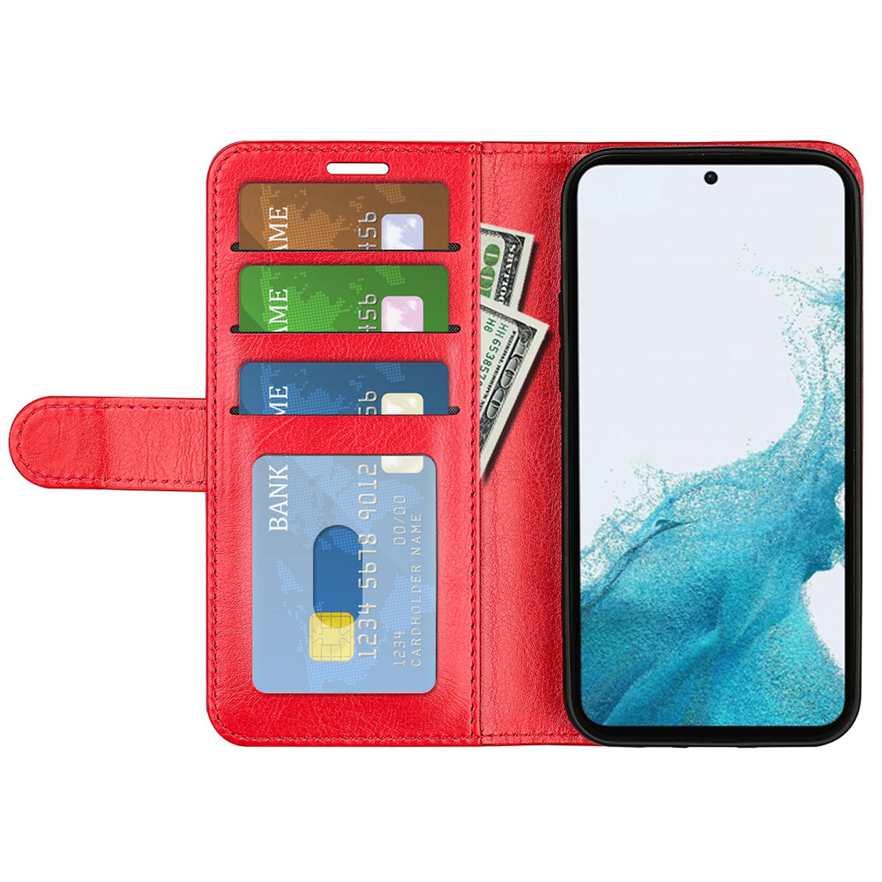 Rode telefoonhoes met kaarten en geld. Telefoon open weergegeven met een scherm met een blauwe achtergrond.