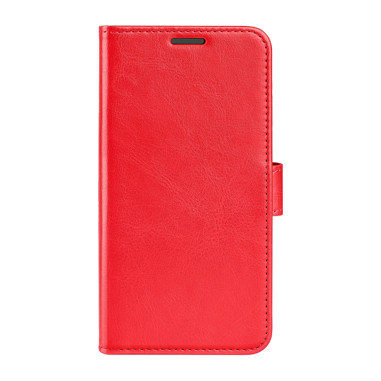 Rode leren telefoonhoes, gesloten met een magnetische sluiting.