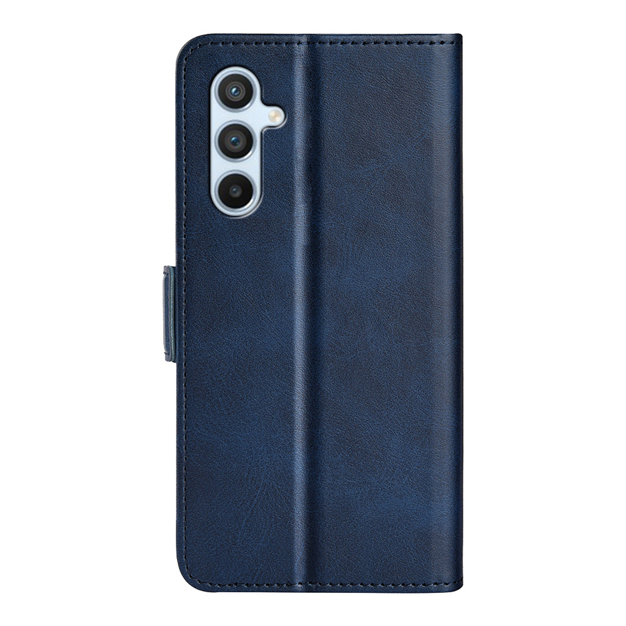 Een blauwe telefoonhoes, gesloten, met een telefoon met cameralenzen.