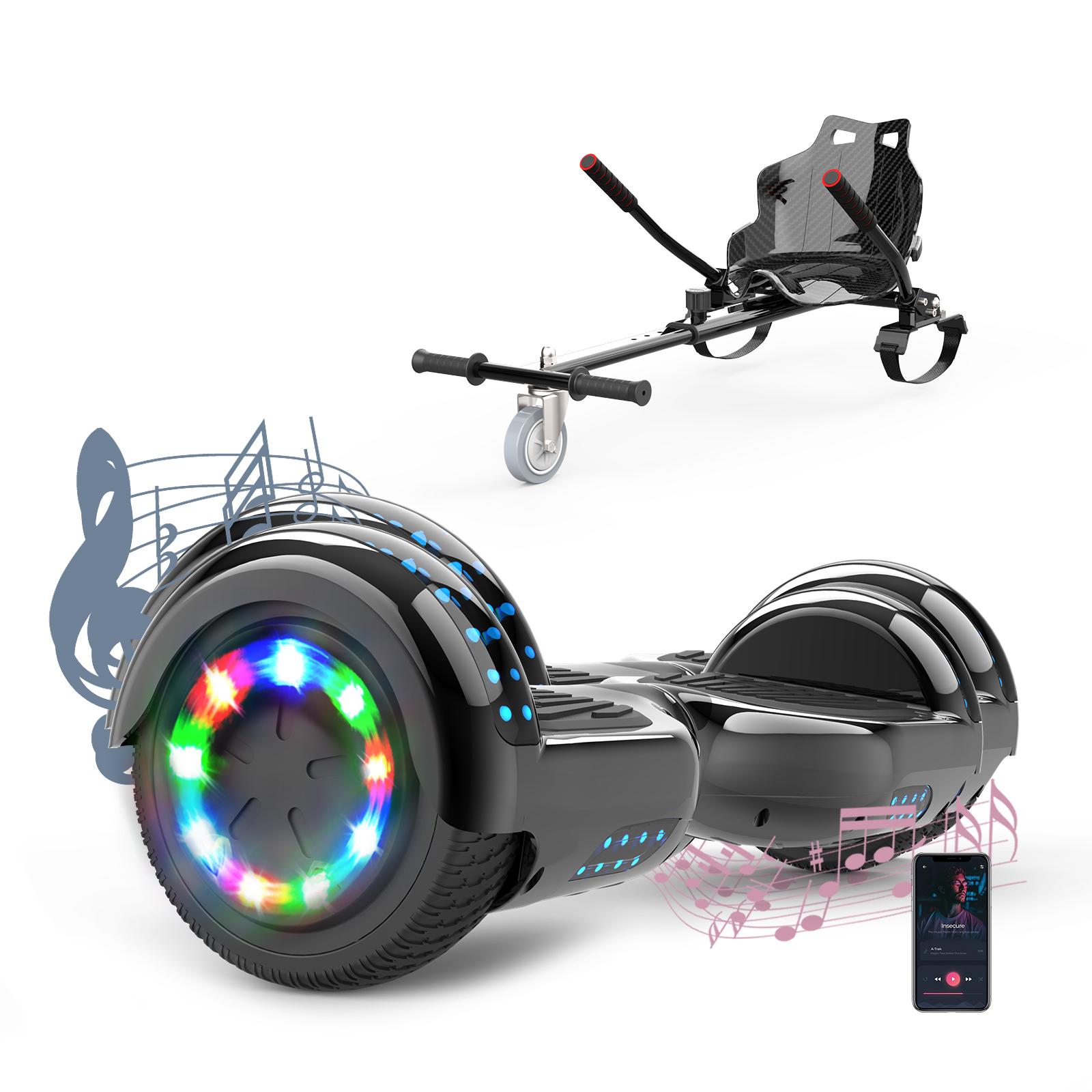Hoverboard nero con luci colorate e attacco go-kart.