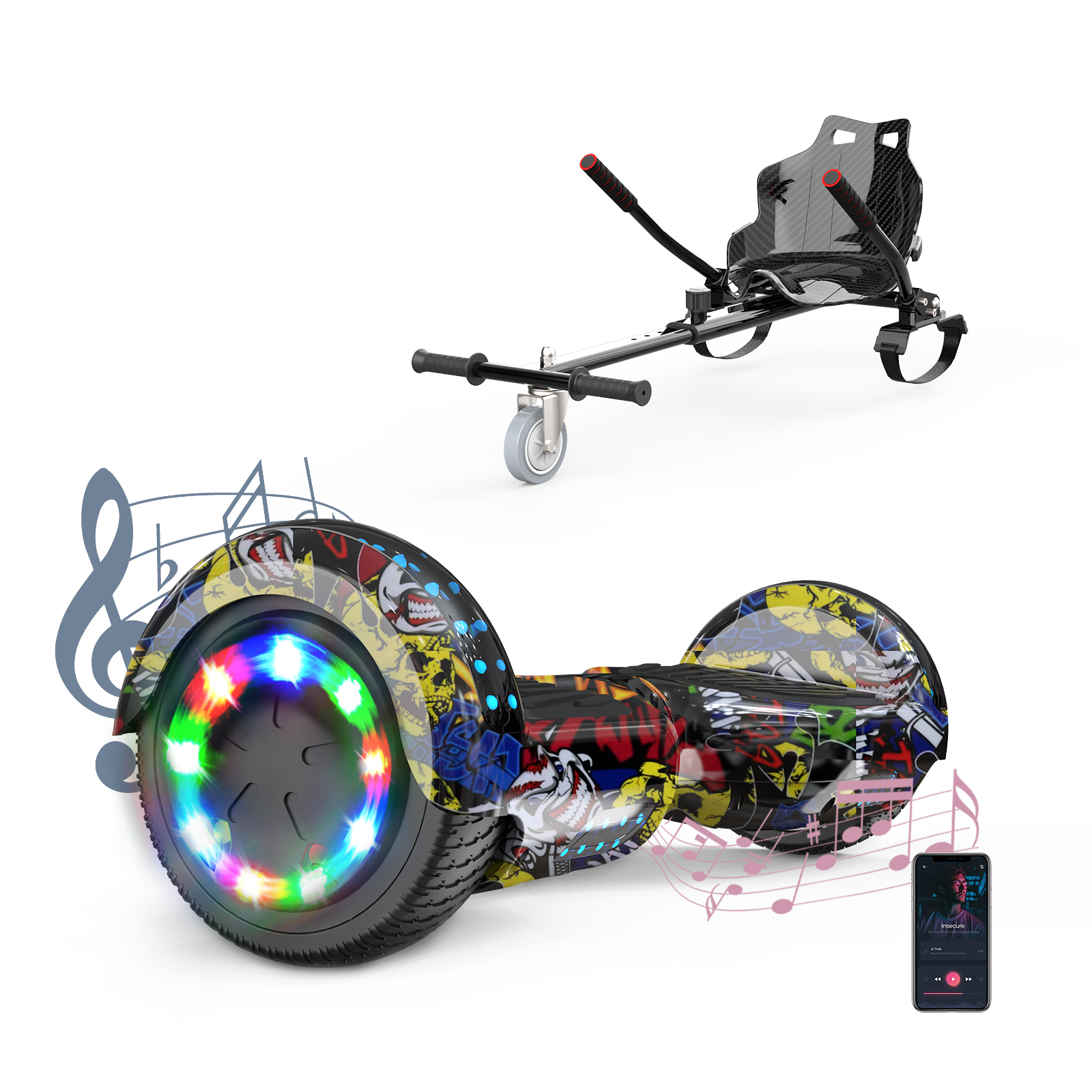 Hoverboard mit bunten Lichtern und Sitzaufsatz. Ein Smartphone zeigt Noten.