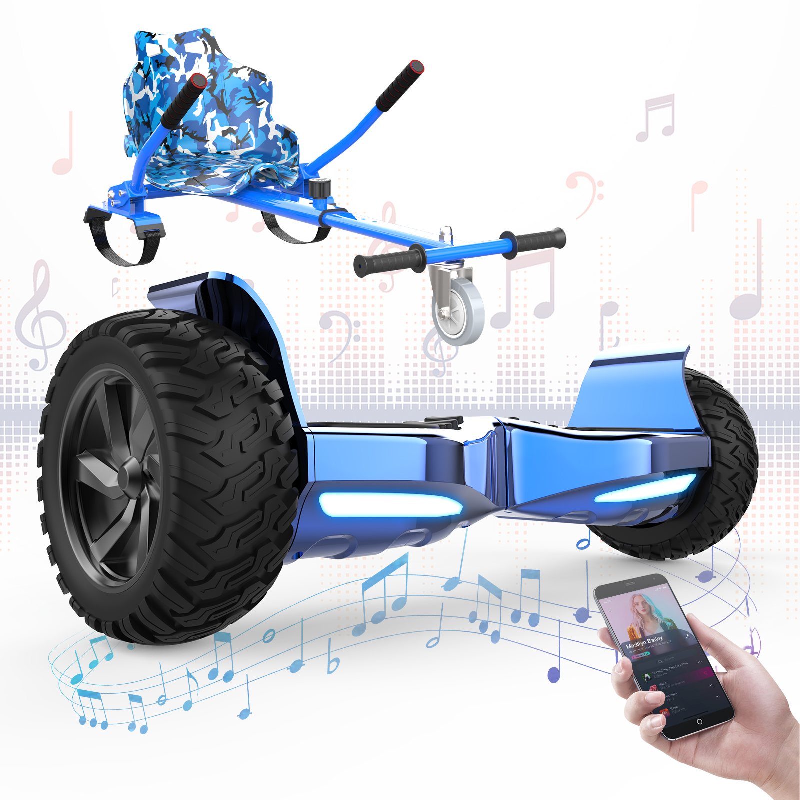 Un hoverboard blu con sedile. Una mano tiene un telefono con musica. Note e simboli fluttuano.