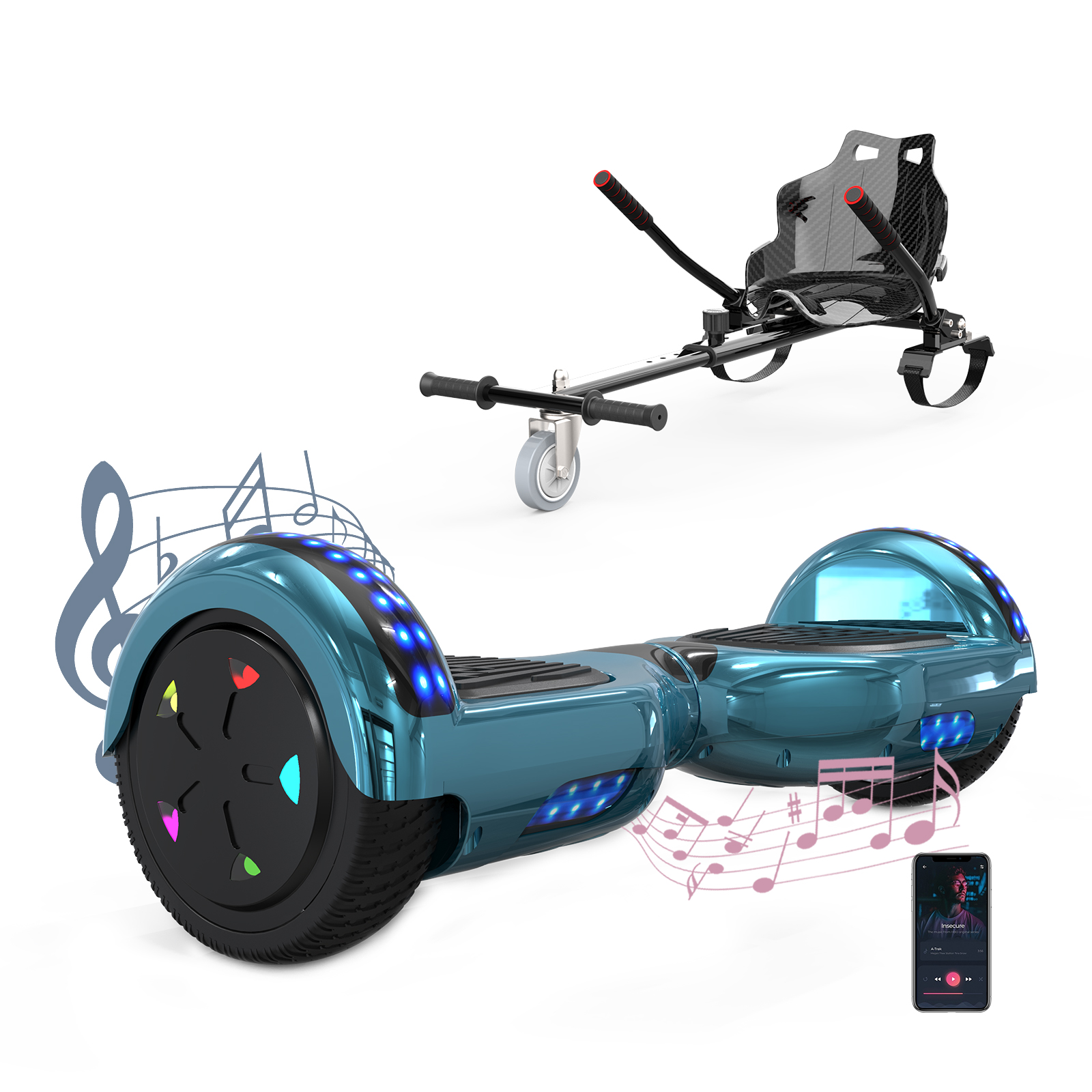 Blaues Hoverboard mit befestigtem Sitz, ein Telefon mit App und Noten. Weißer Hintergrund.