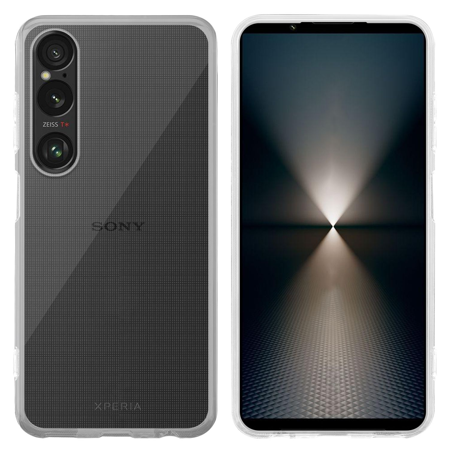 Smartphone mit klarer Hülle, Rück- und Vorderansicht, schwarz, mit Xperia-Logo sichtbar.