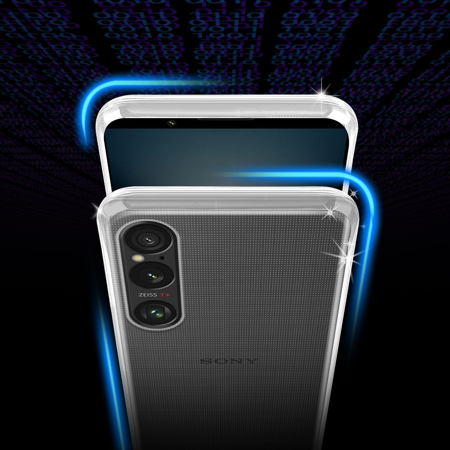 Telefon in klarer Hülle, schräge Ansicht. Hülle und Telefon liegen auf schwarzem Grund mit blauem Licht.
