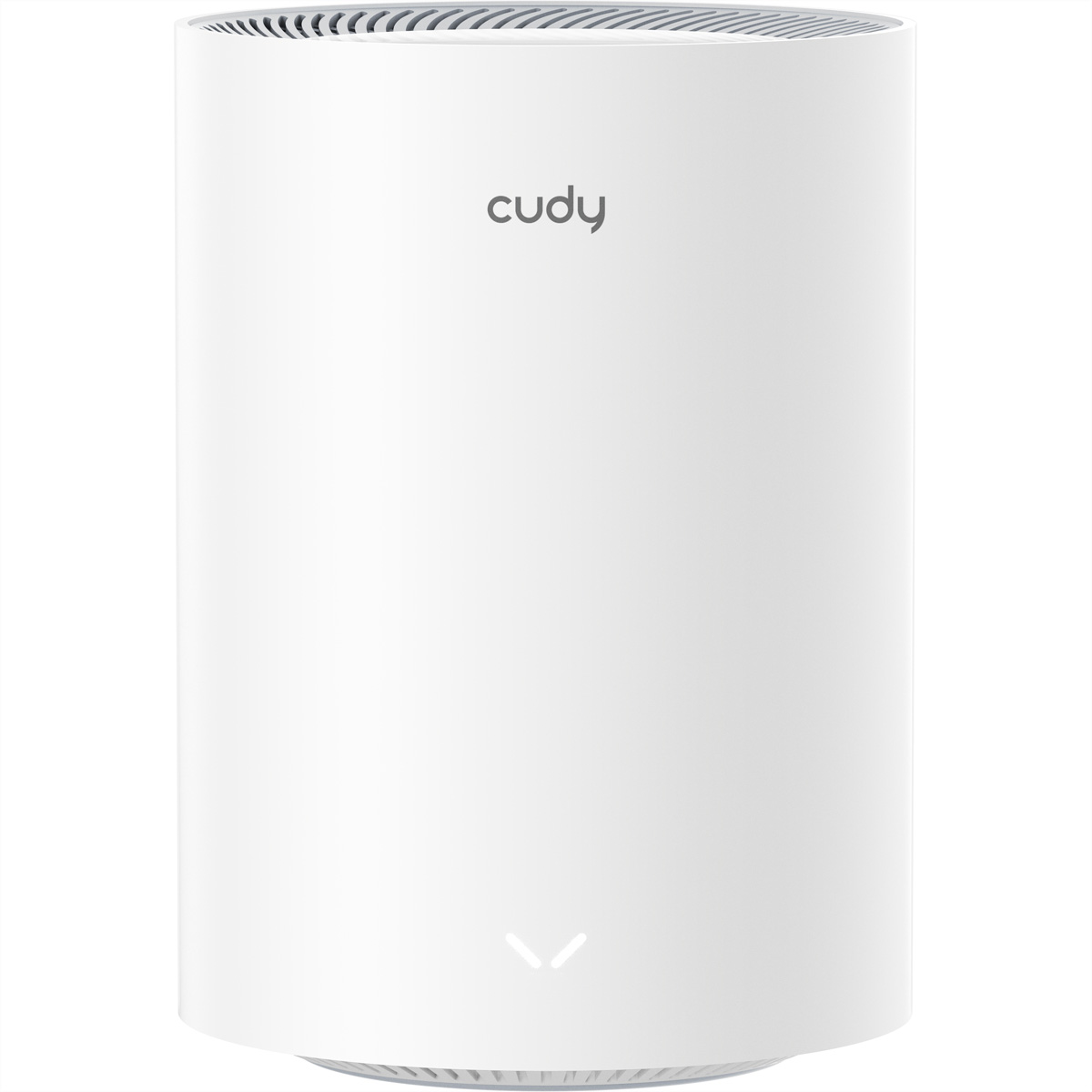 Ein weißer, zylindrischer Cudy-Router mit dem Wort 'cudy' darauf.