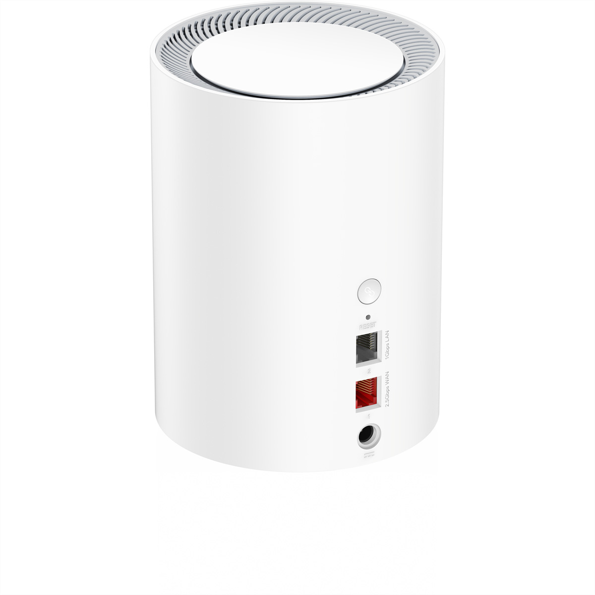 Ein weißer Router mit Anschlüssen auf der Rückseite, weißer Hintergrund.