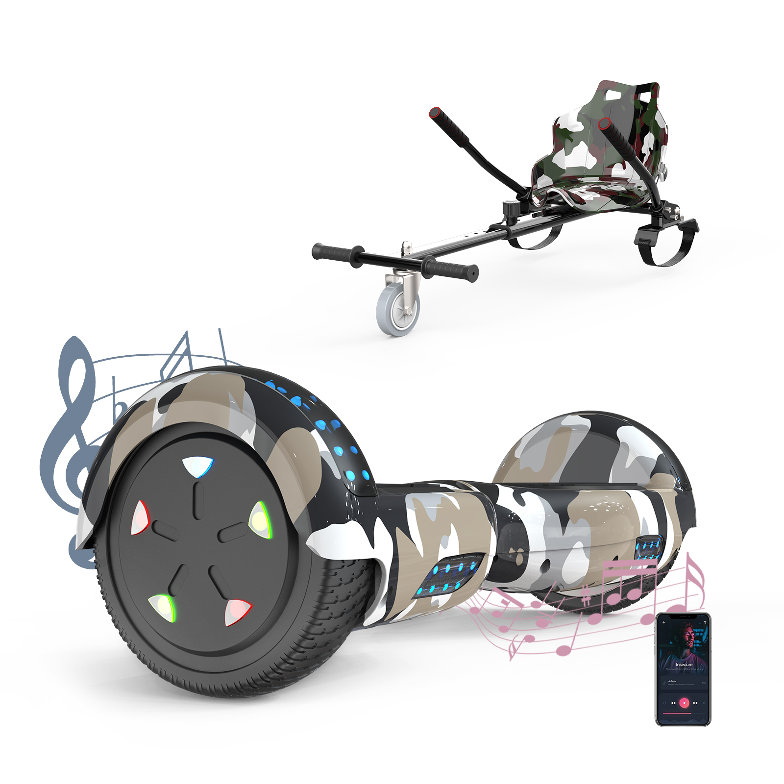 Tarn-Hoverboard mit Tarnsitz. Ein Telefon zeigt im Hintergrund Musiknoten.