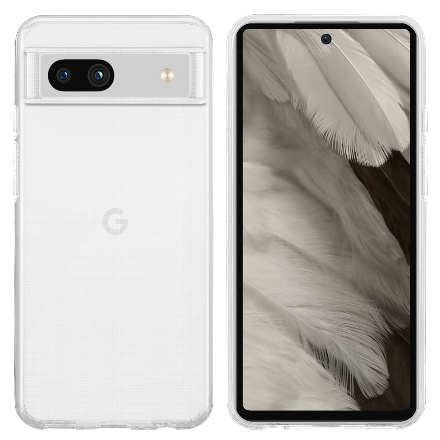 Telefon in klarer Hülle, zwei Ansichten. Eine Seite zeigt Bildschirm, andere Kamera und Rückseite.