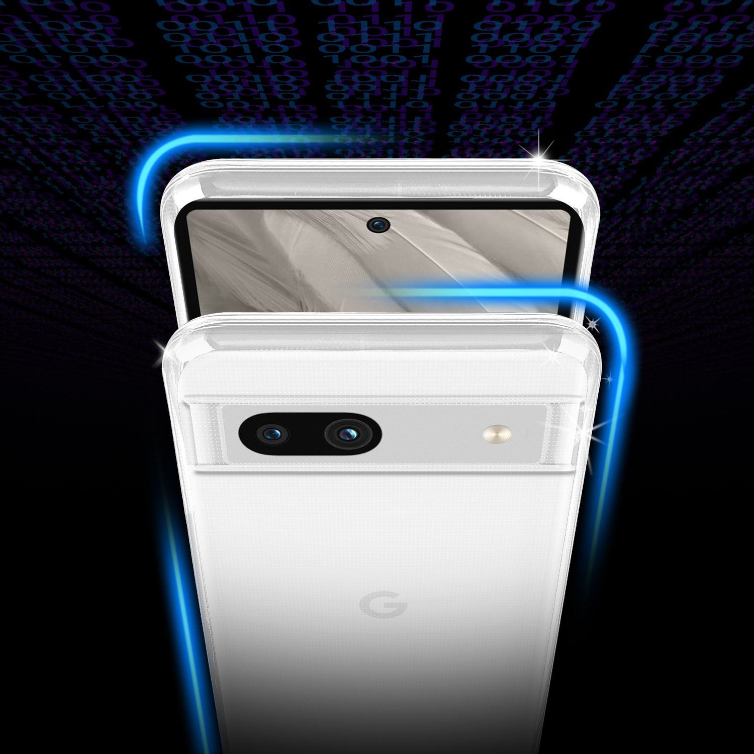 Telefon in klarer Hülle, Draufsicht. Hülle und Telefon liegen auf schwarzem Grund mit blauem Licht.