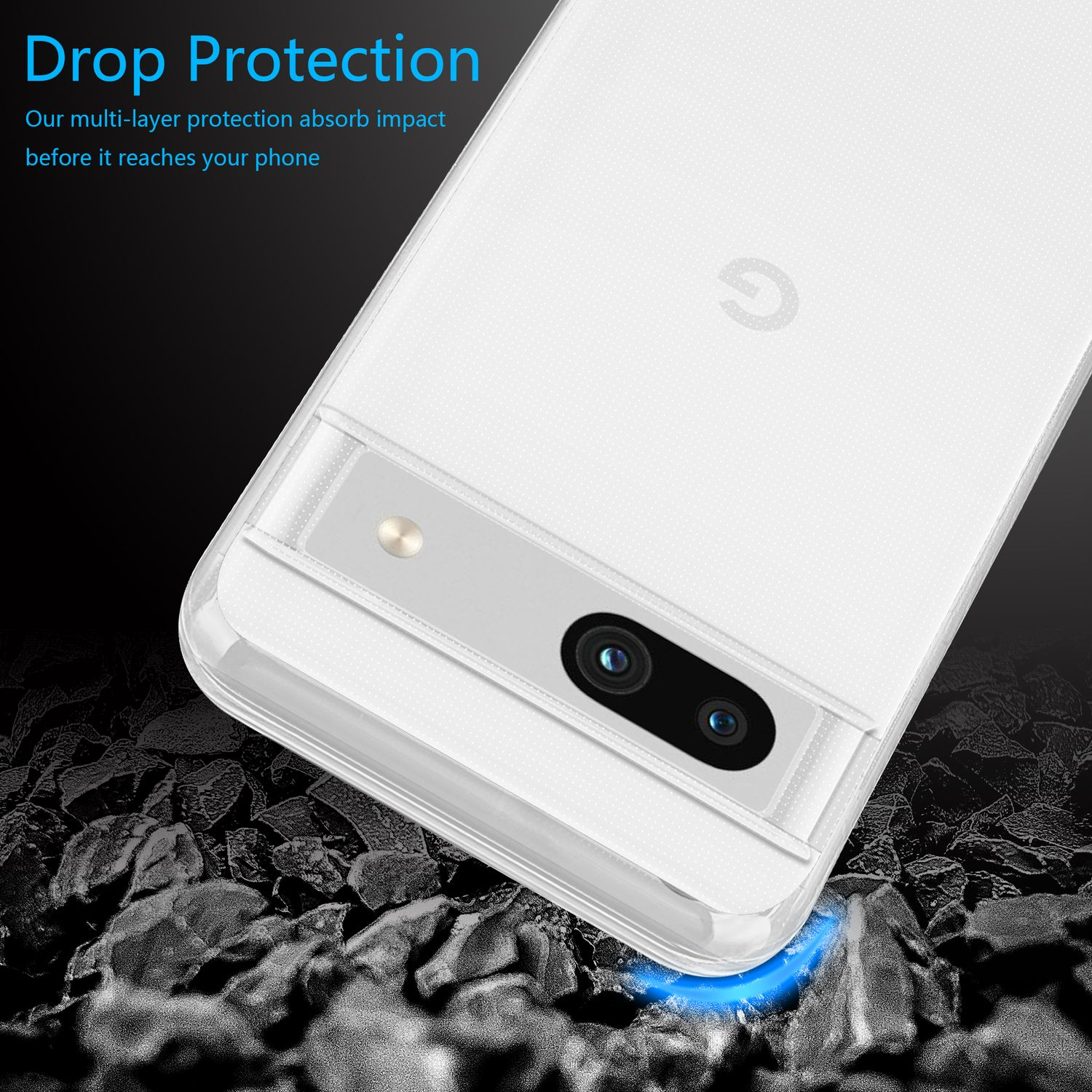 Transparente Hülle auf einem Telefon, das das Kameramodul zeigt. Die Hülle ist über einem felsigen Hintergrund transparent.