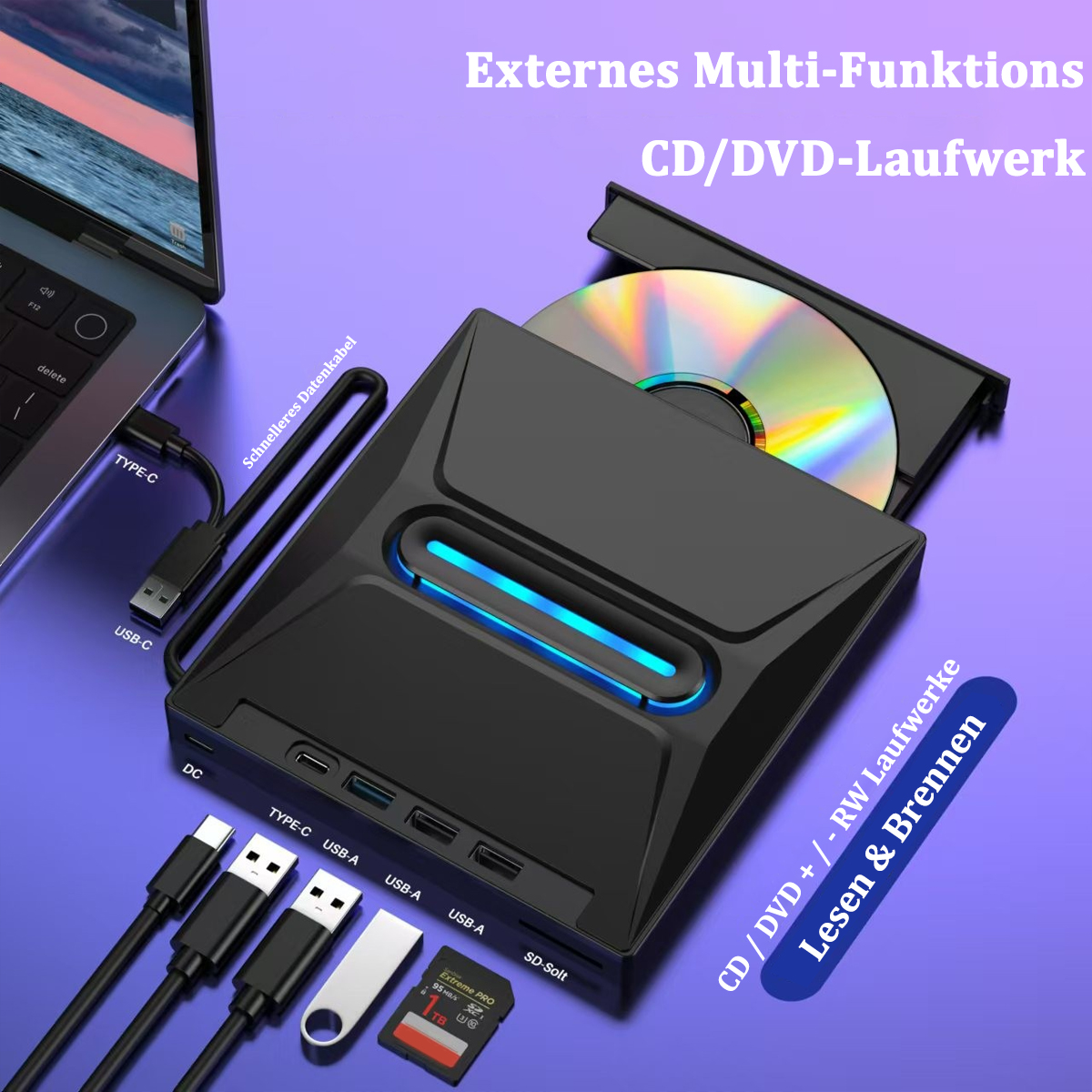 Schwarzes externes CD/DVD-Laufwerk mit USB-C- und USB-Anschlüssen. Eine Disc ist im offenen Laufwerk.
