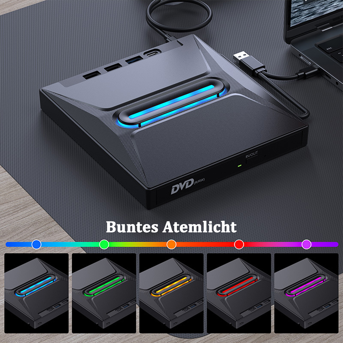 Ein schwarzes Gerät mit einem farbenfrohen Lichtstreifen. Es hat ein DVD-Logo und ein USB-Kabel. Text: Buntes Atemlicht.
