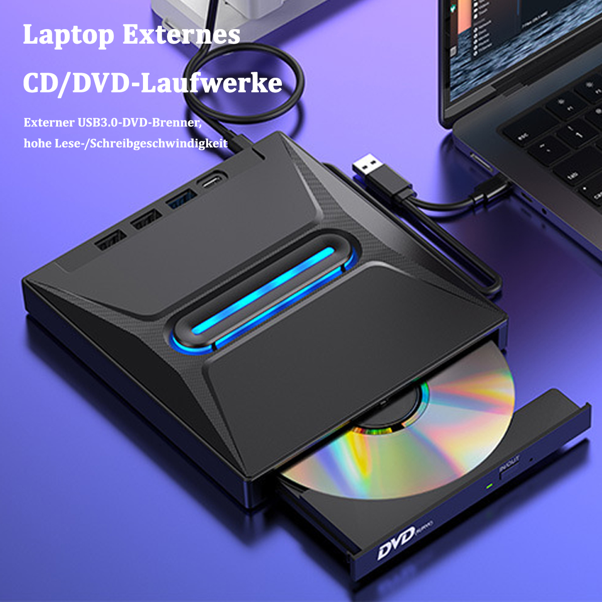 Ein schwarzes CD/DVD-Laufwerk mit blauem Licht, offen mit einer Disc darin und einem Laptop.