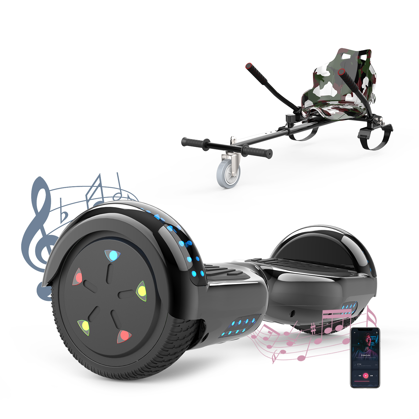 Un hoverboard nero con sedile e telefono con app che riproduce musica, accanto a note musicali.