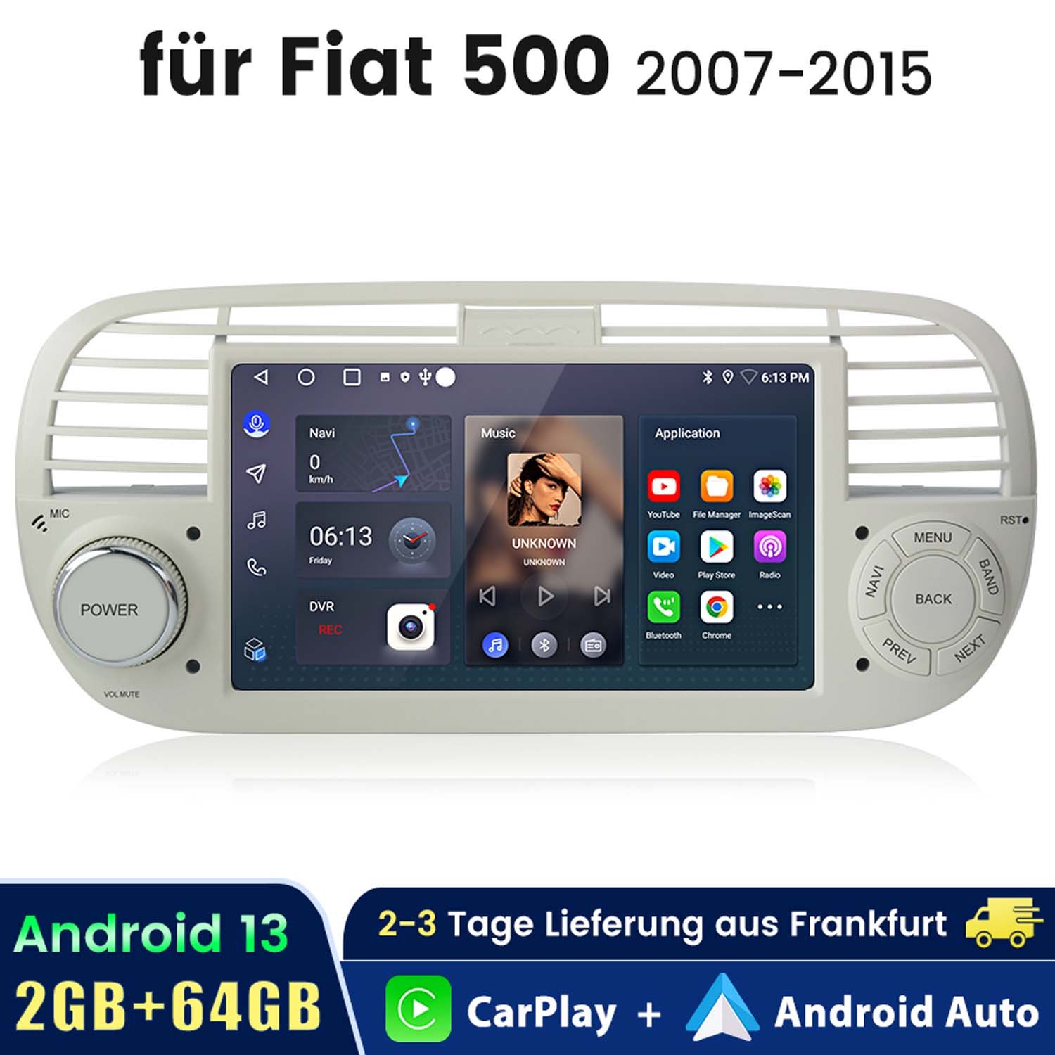 Autoradio-Display. Zeigt Navigation, Musik und App-Funktionen für Fiat 500.