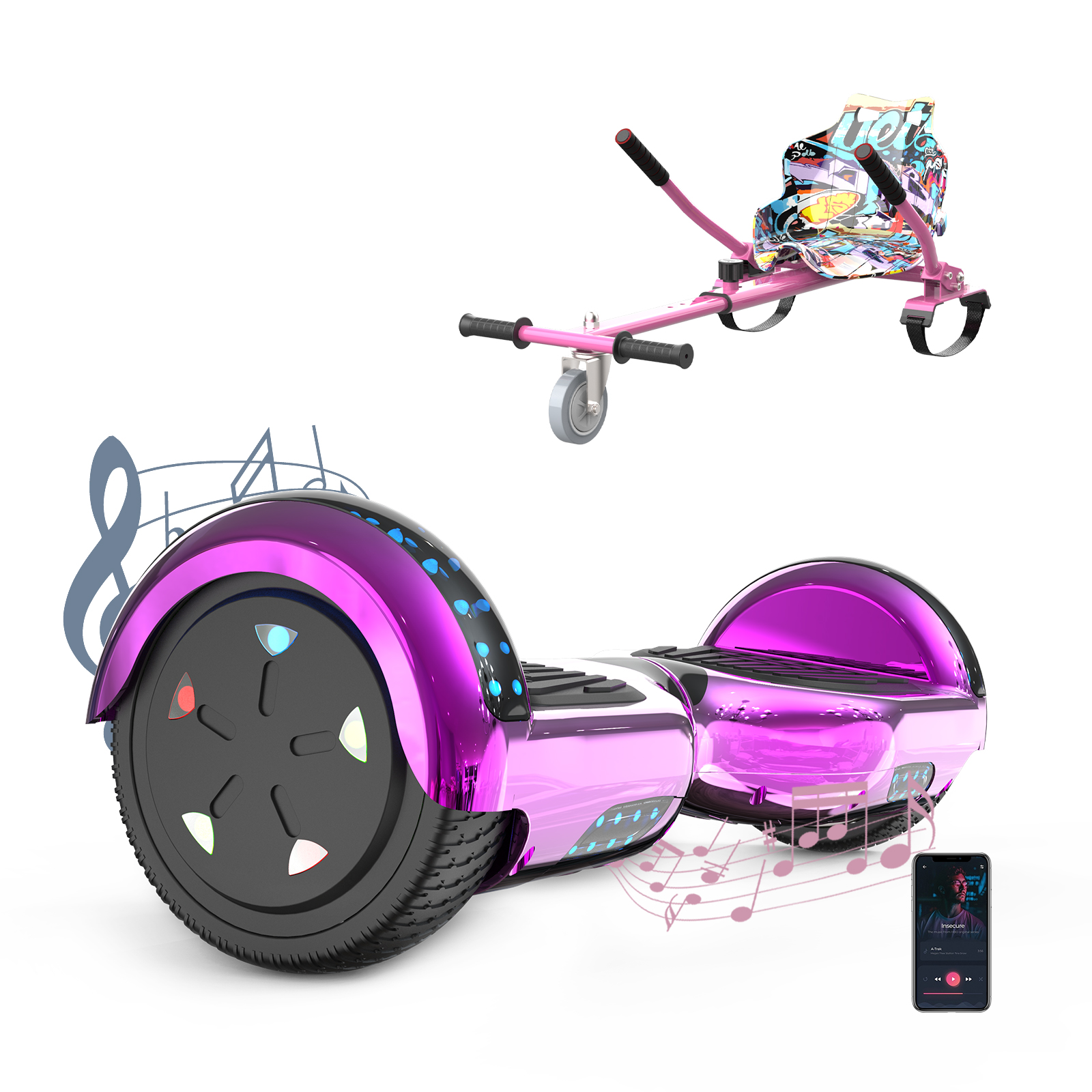 Hoverboard rosa con sedile, telefono e note musicali.