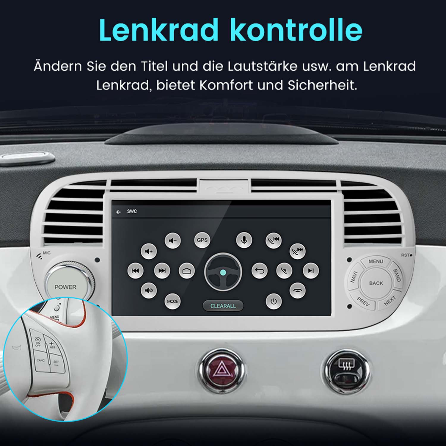 Autotafel mit Bildschirm, der Navigation zeigt. Text: Lenkrad Kontrolle.