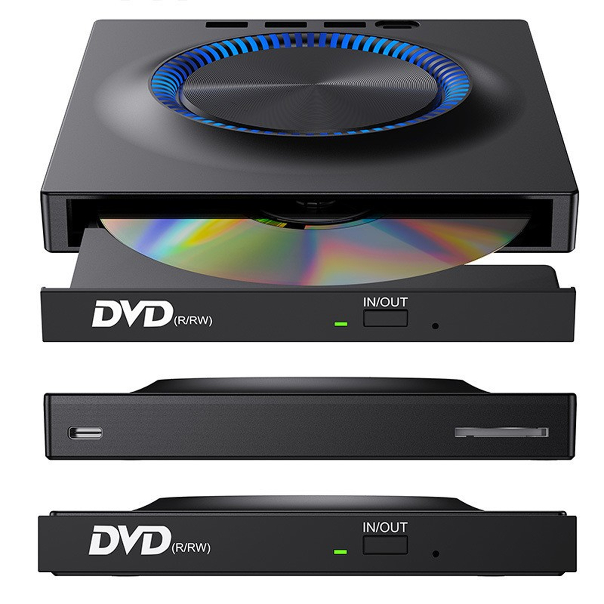 Schwarzes DVD-Laufwerk mit einer Disc im Inneren und blauem Licht oben.