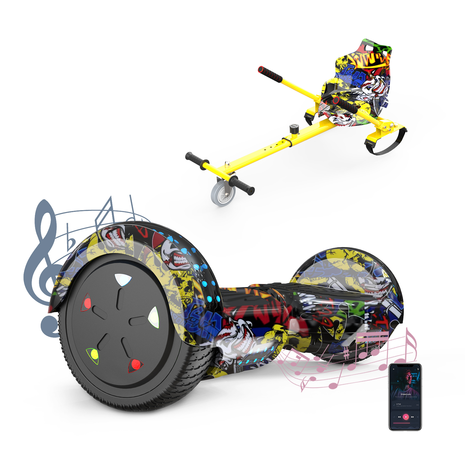 Hoverboard giallo con sedile, telefono e note musicali.
