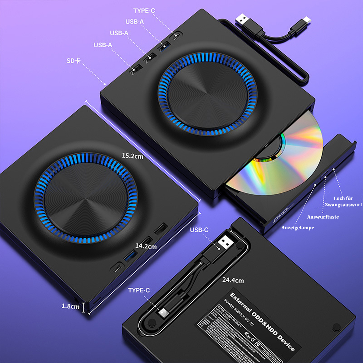 Schwarzes externes ODD & HDD-Gerät mit Anschlüssen und Laufwerk. Weißer Hintergrund.