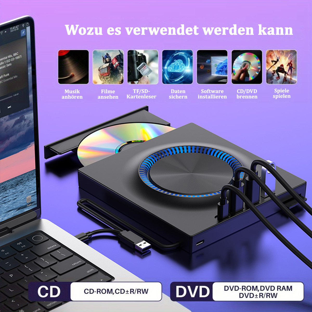 Ein schwarzer Disc-Player, Laptop und verschiedene Medien. Symbole zeigen die Verwendung für Musik, Filme und Spiele.