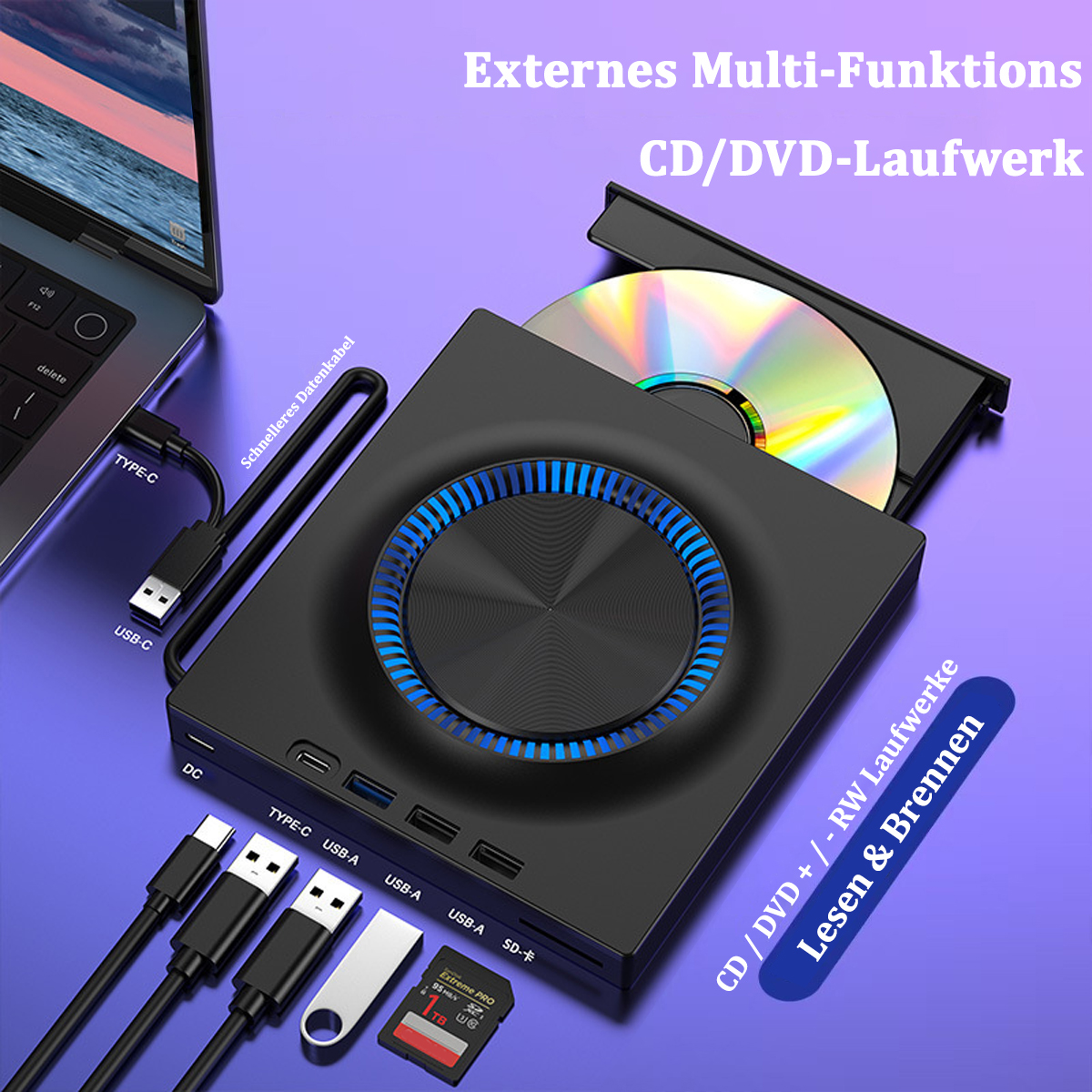 Schwarzes CD/DVD-Laufwerk mit verschiedenen USB-Anschlüssen und Kabeln. Eine CD ist im Laufwerk.