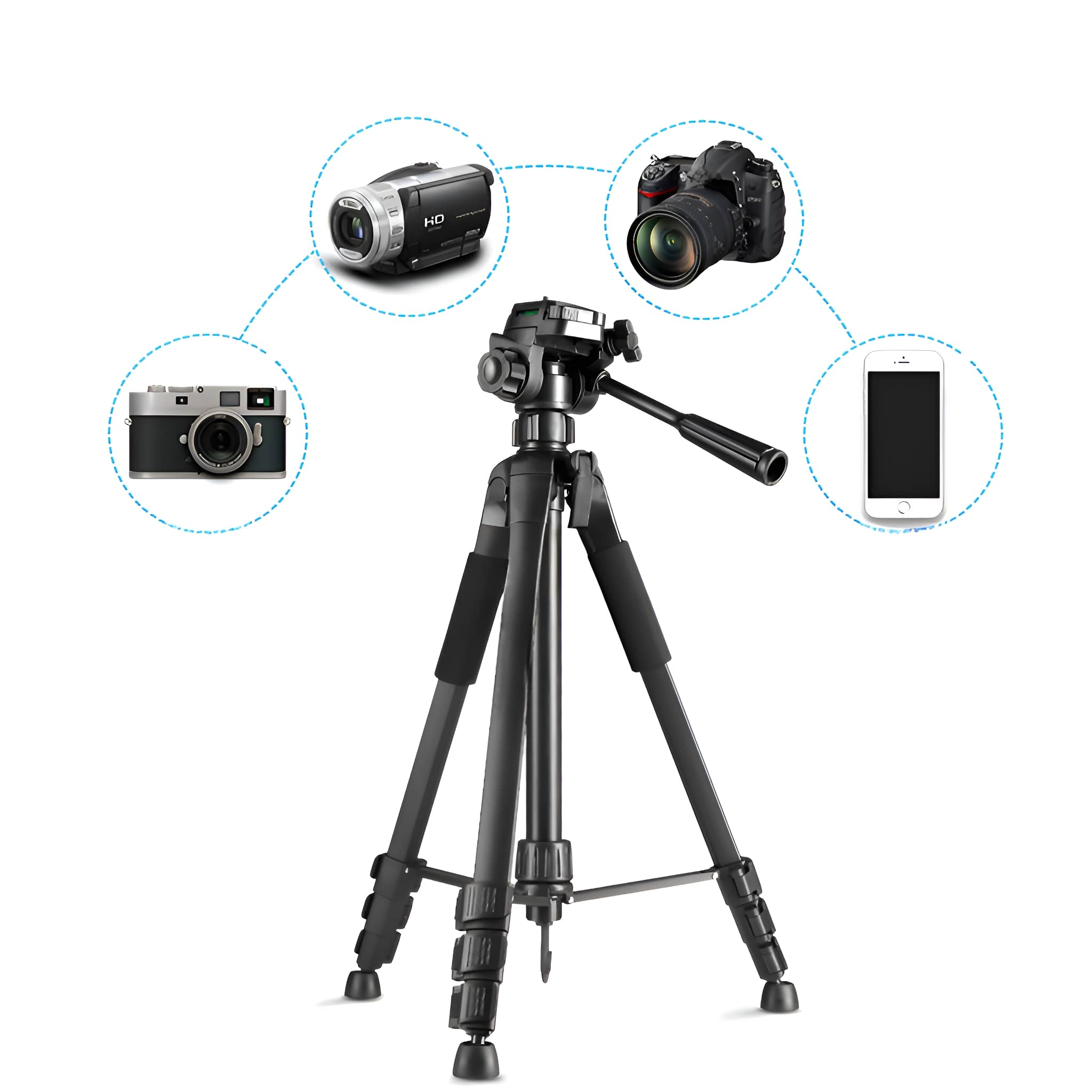 Ein schwarzes Stativ mit Kamera, Camcorder, Telefon und Kamera-Symbolen, das seine Vielseitigkeit in der Fotografie zeigt.