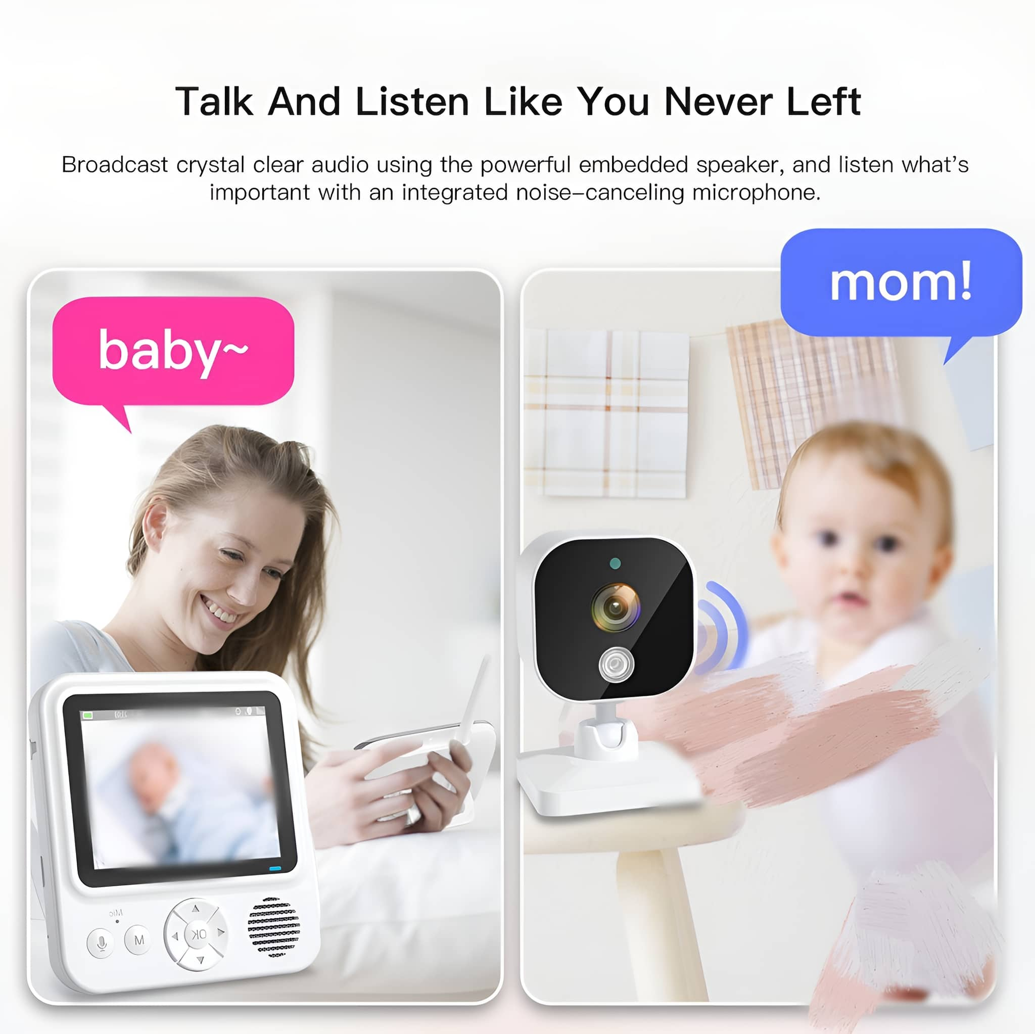 Zwei Bilder: Mutter mit Babyphone und Baby. Sprechblasen mit Baby und Mama!
