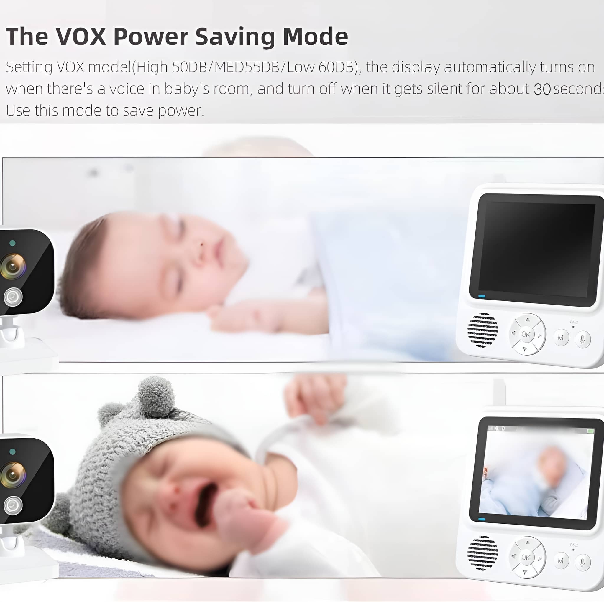 Babyphone mit schlafendem und weinendem Baby. Monitor zeigt Bilder.