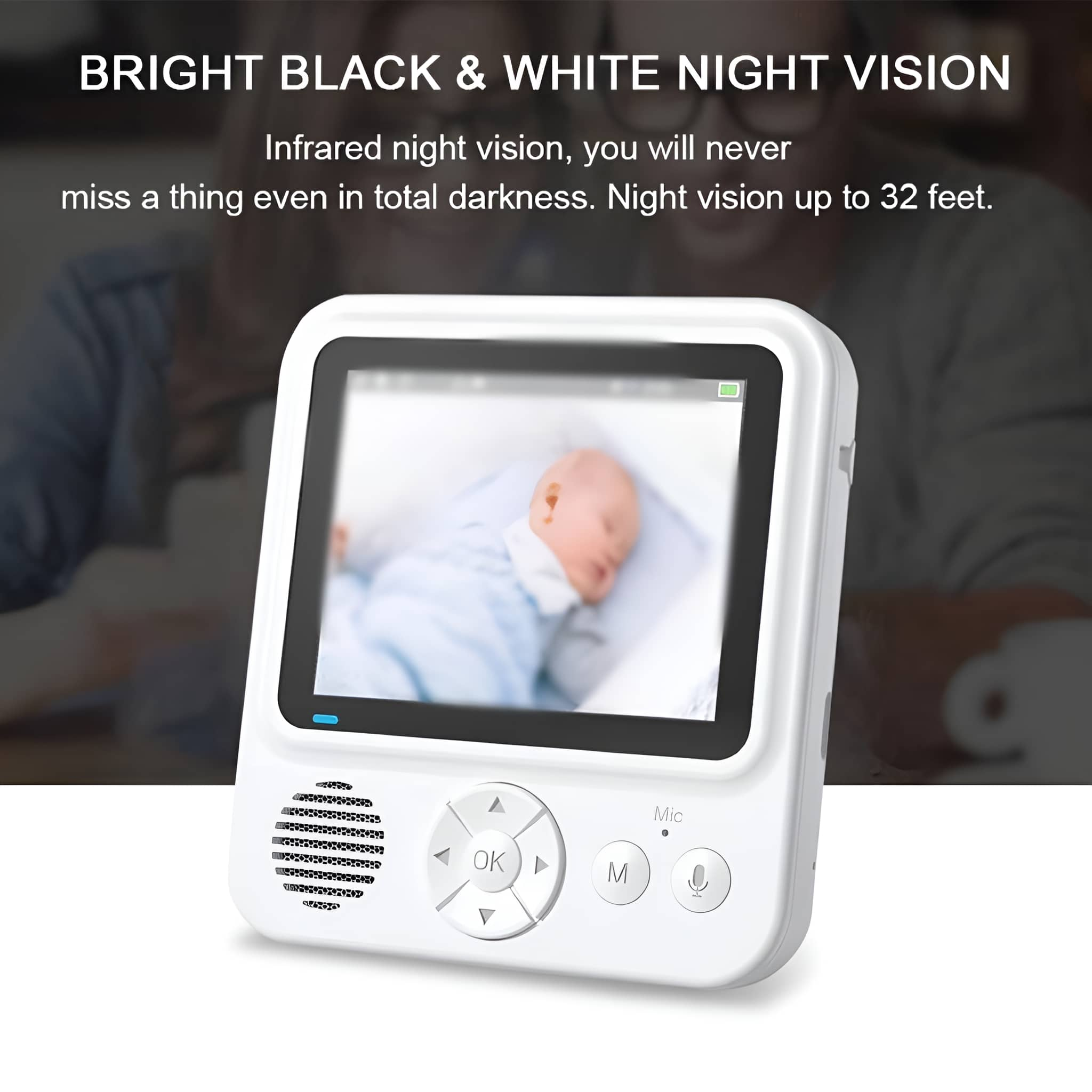 Ein weißer Babyphone-Monitor, der ein Baby auf dem Bildschirm anzeigt. Es hat Lautsprecher, Tasten und ein Mikrofon.