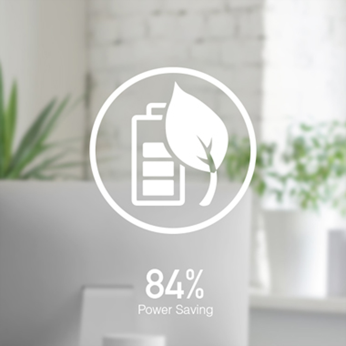Een batterijpictogram met een blad, dat 84% energiebesparing aangeeft.
