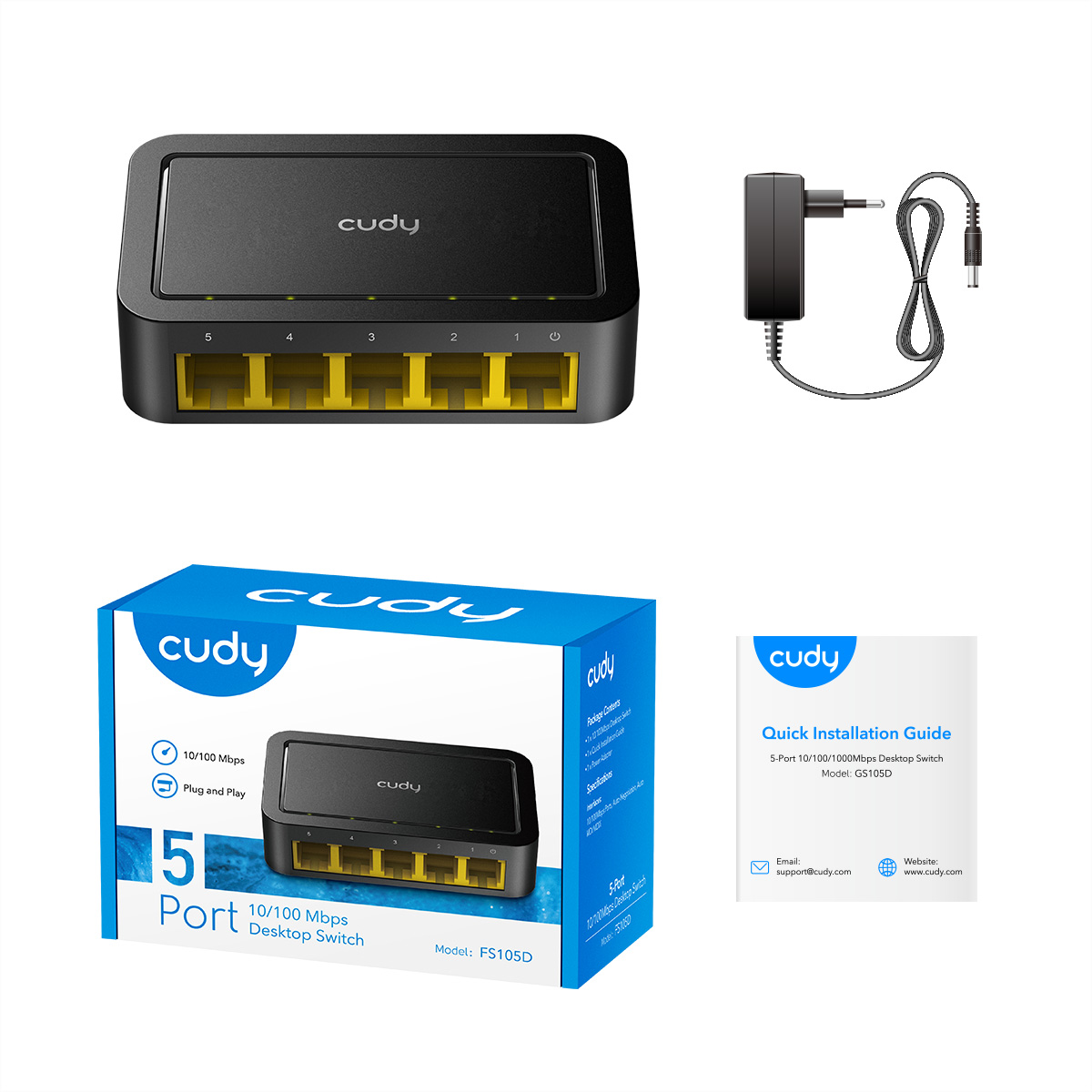Een zwarte 5-poorts desktop switch met een voeding, doos en snelle installatiegids.