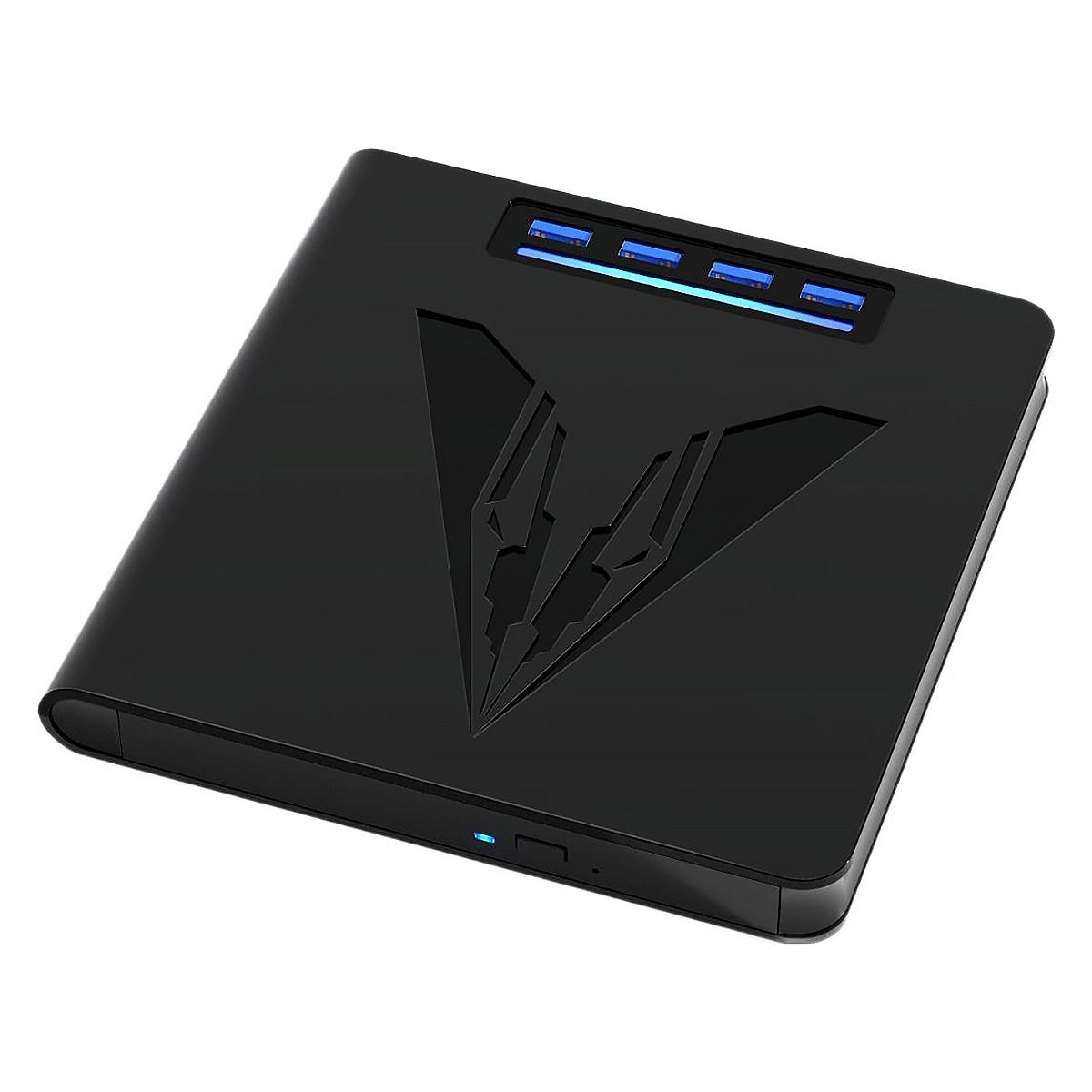 Ein schwarzer Mediaplayer mit Logo und USB-Anschlüssen auf der Oberseite.