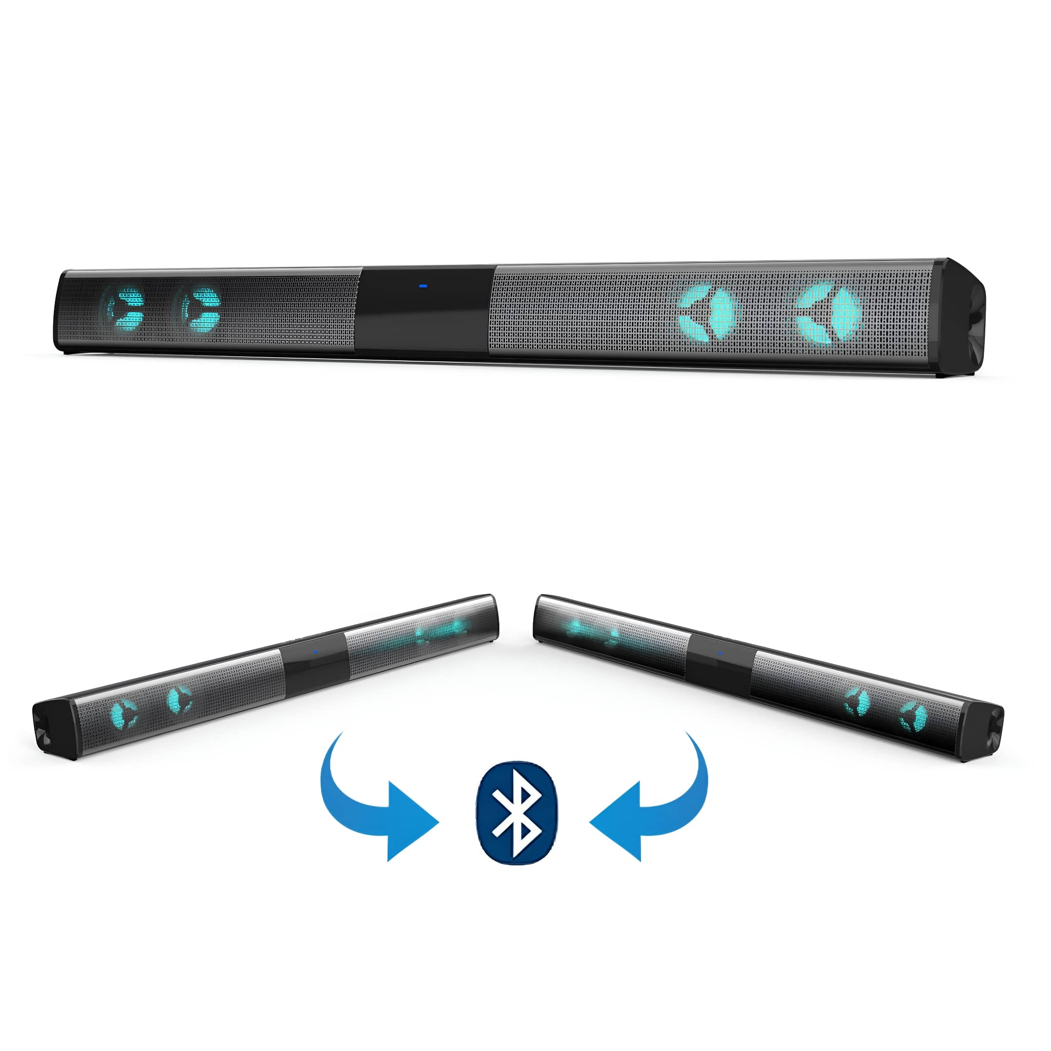 Schwarze Soundbar mit blauen Lichtern. Bluetooth-Symbol mit Pfeilen, die auf die Lautsprecher zeigen.