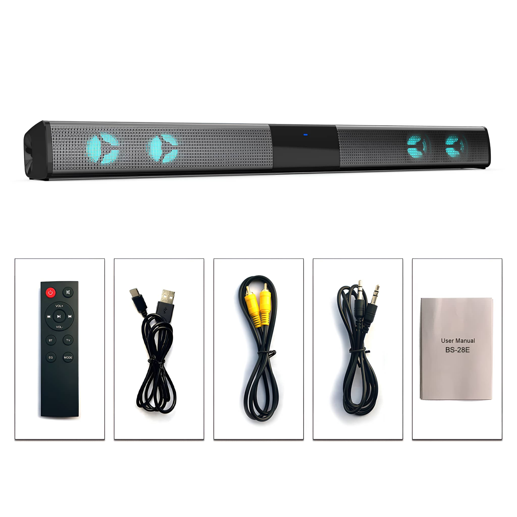 Soundbar mit Lichtern, Fernbedienung, Kabeln und Handbuch. Die Soundbar ist schwarz und hat grüne Lichter.