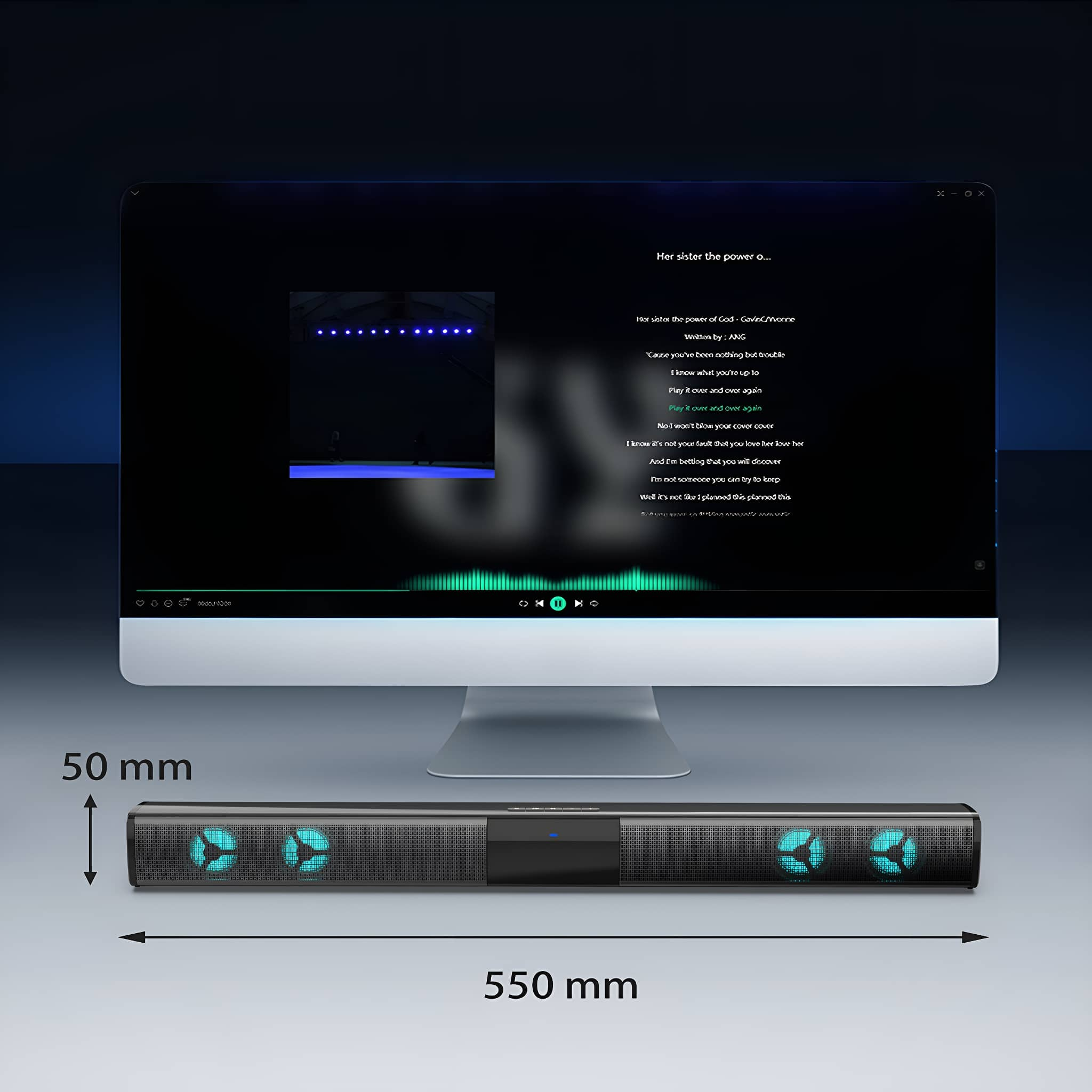 Ein Monitor mit Video, darunter eine Soundbar. Die Soundbar ist 550mm breit.