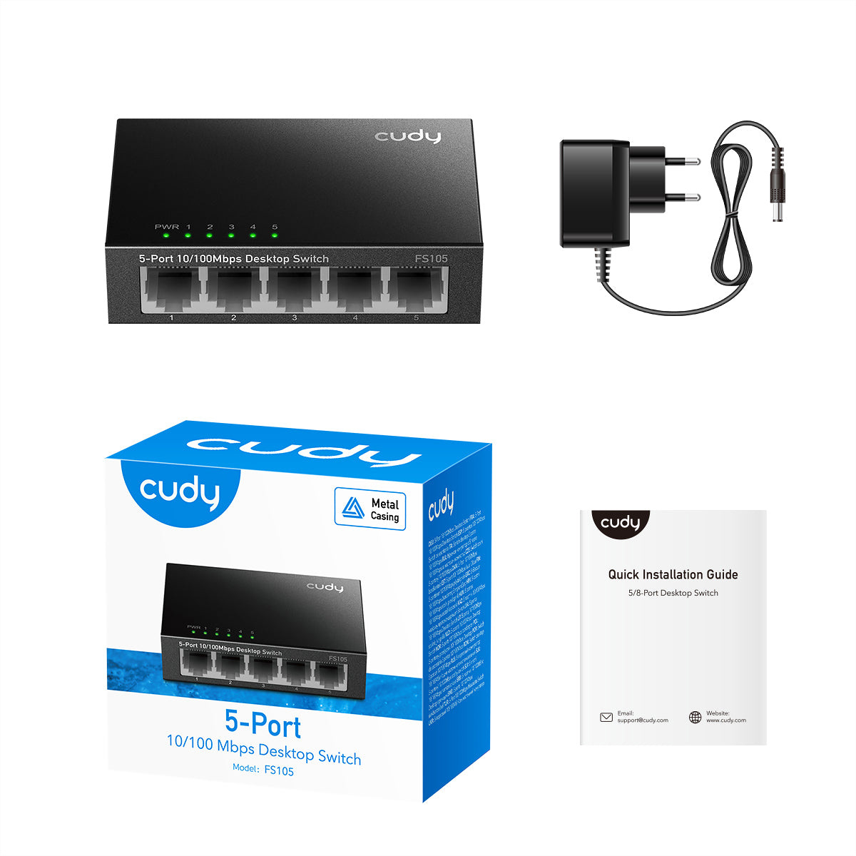 Schwarzer Netzwerk-Switch, Netzteil und Box mit Handbuch.