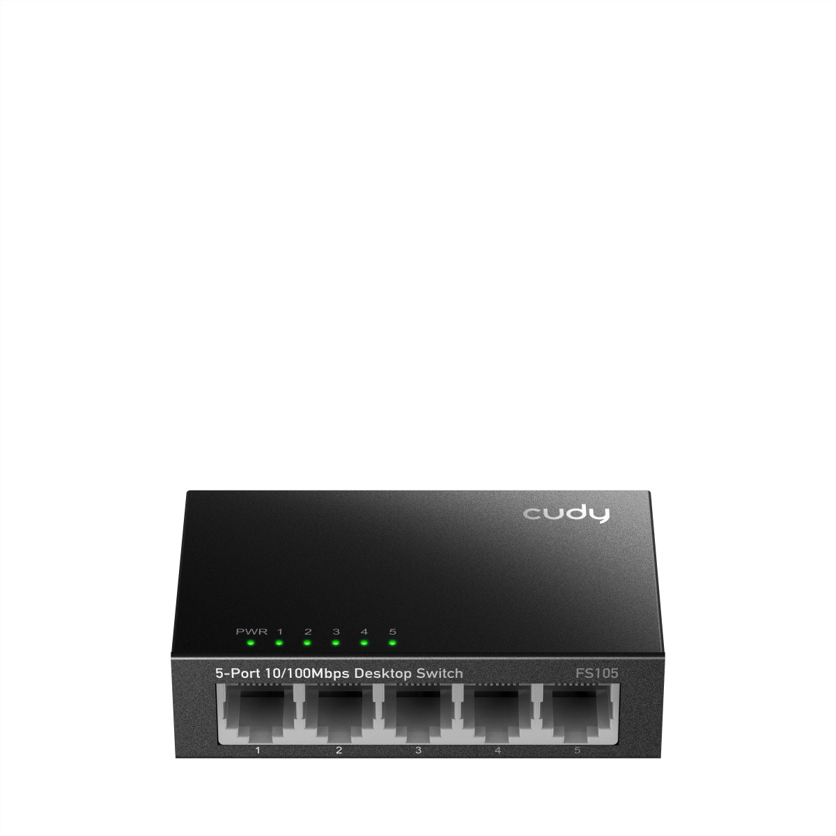 Ein schwarzer 5-Port-Desktop-Switch mit grünen Lichtern und Anschlüssen mit der Bezeichnung 1-5. Die Marke ist 'cudy'.
