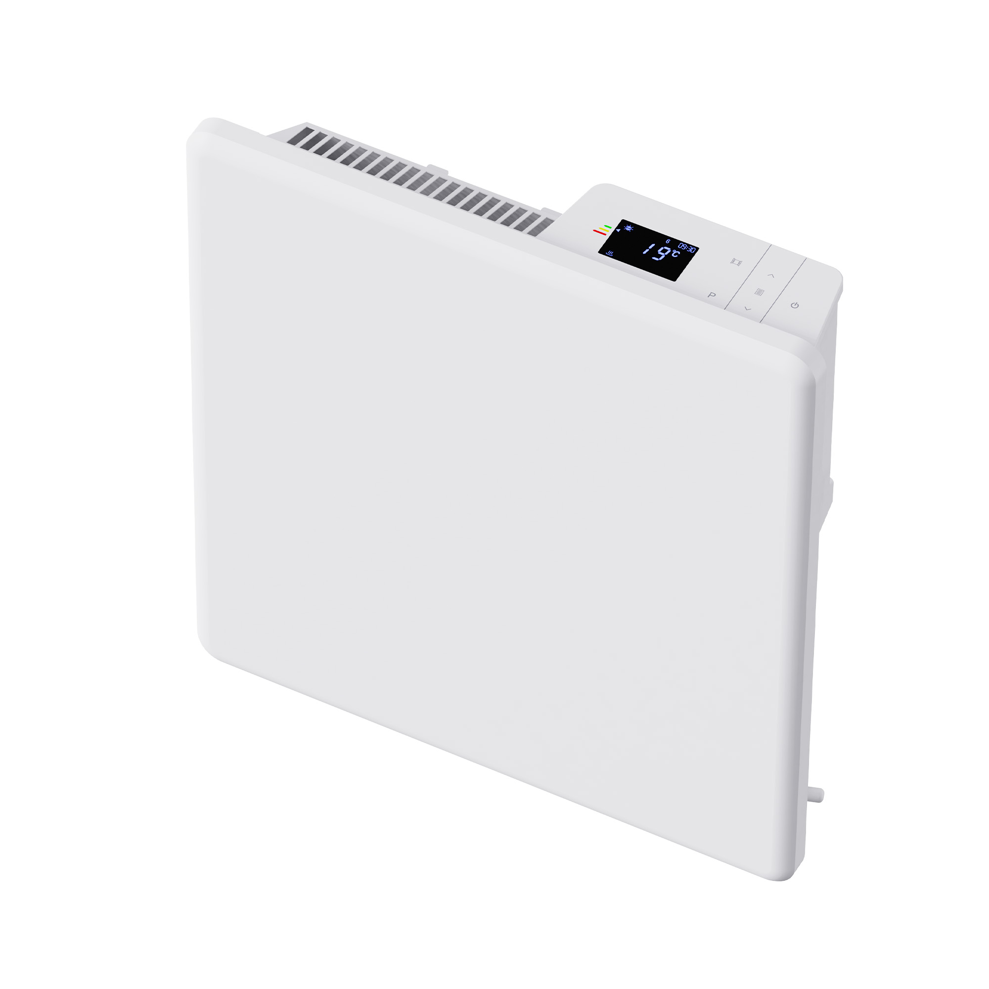 Ein weißer Elektroheizer mit Digitalanzeige. Der Heizer steht vor weißem Hintergrund.