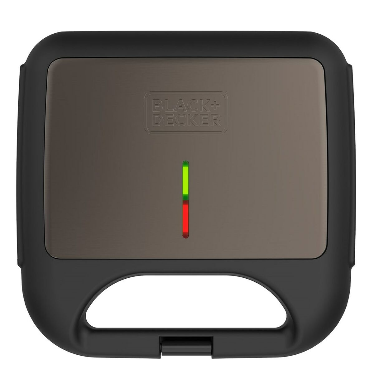 Czarny i brązowy opiekacz do kanapek z zielonymi i czerwonymi lampkami kontrolnymi. Marka Black Decker.