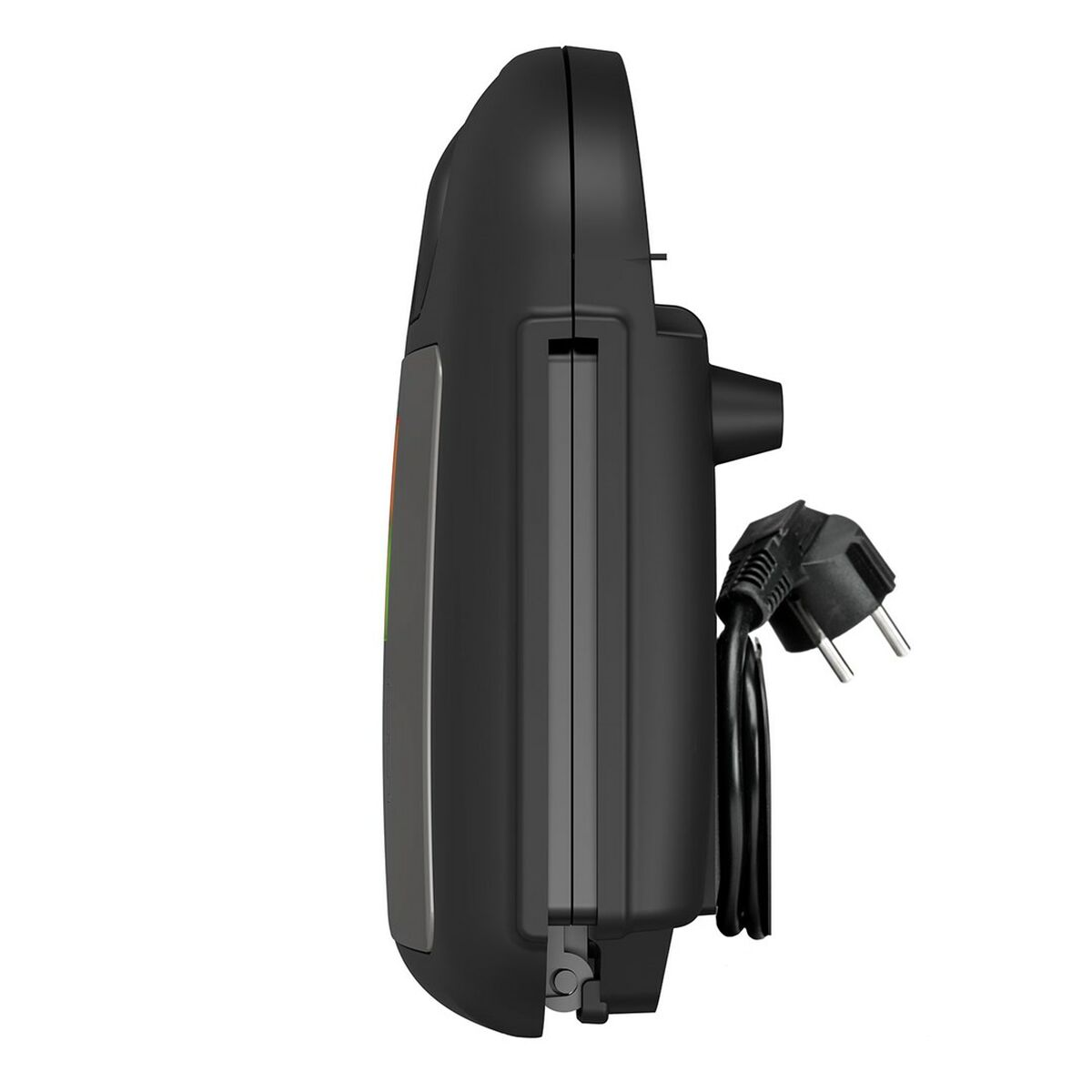 Czarny opiekacz do kanapek z przewodem zasilającym. Widok z boku pokazuje zamknięte urządzenie.