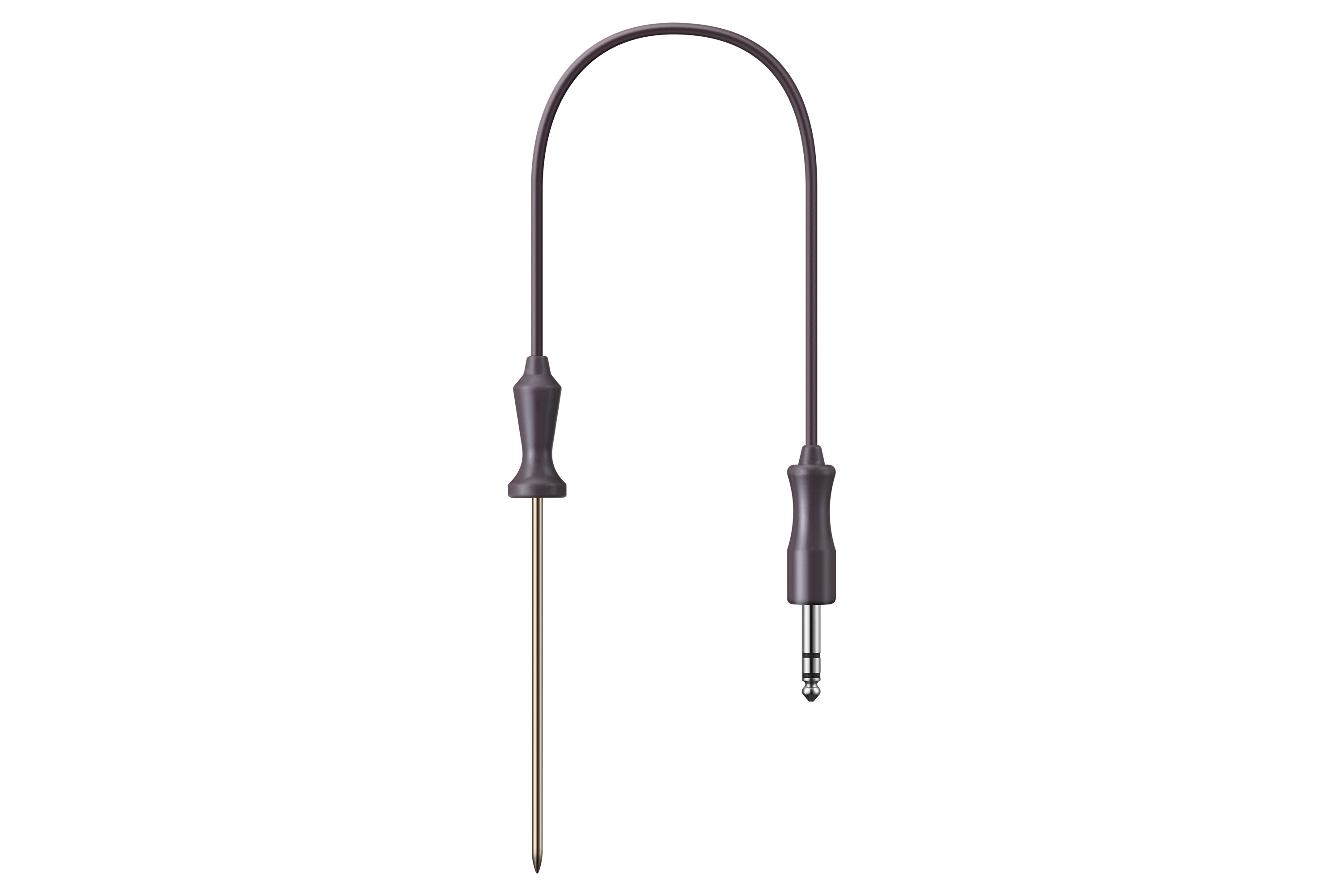 Una sonda di temperatura con punta metallica e jack. La sonda è grigio scuro. Sfondo bianco.