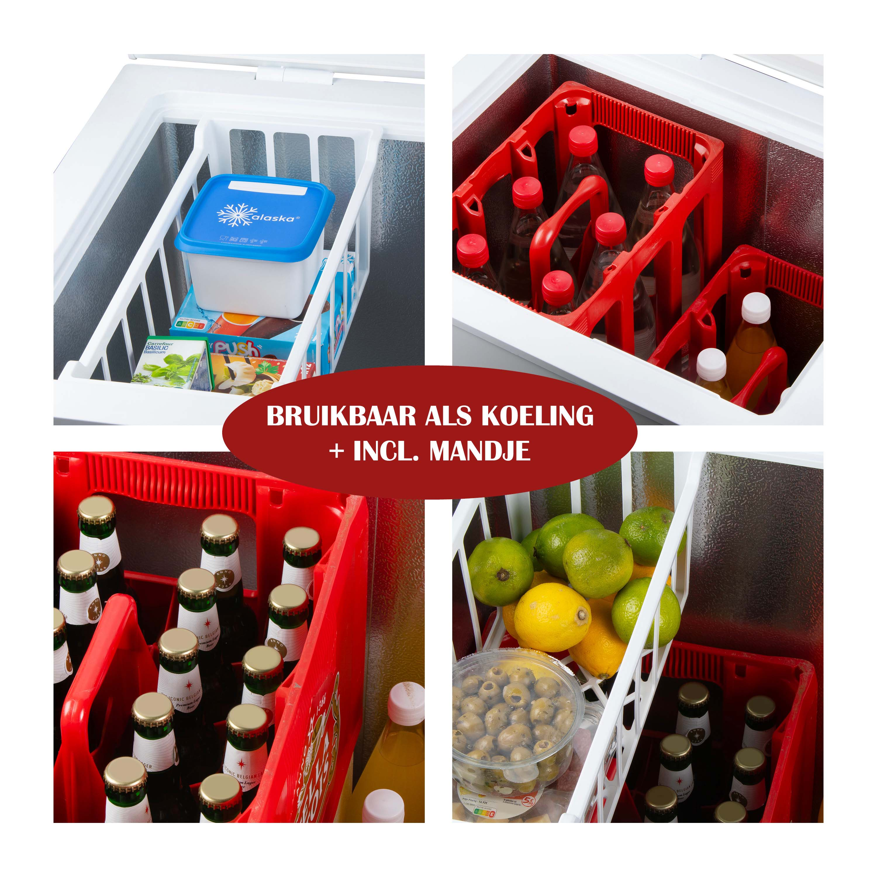 Intérieur d'un congélateur montrant des étagères avec boissons, glace et nourriture. Texte: UTILISABLE EN REFROIDISSEMENT.