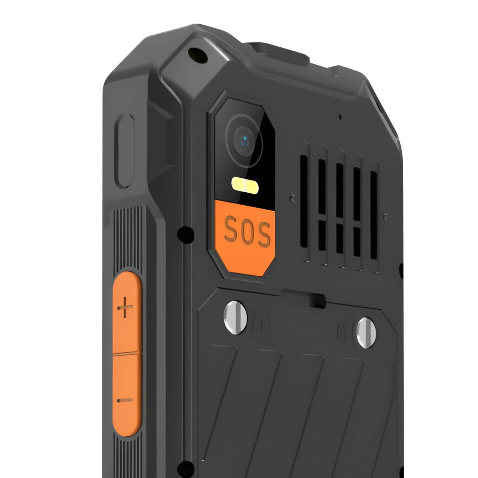 Un teléfono inteligente negro resistente con botón SOS naranja y cámara. Duradero y robusto.