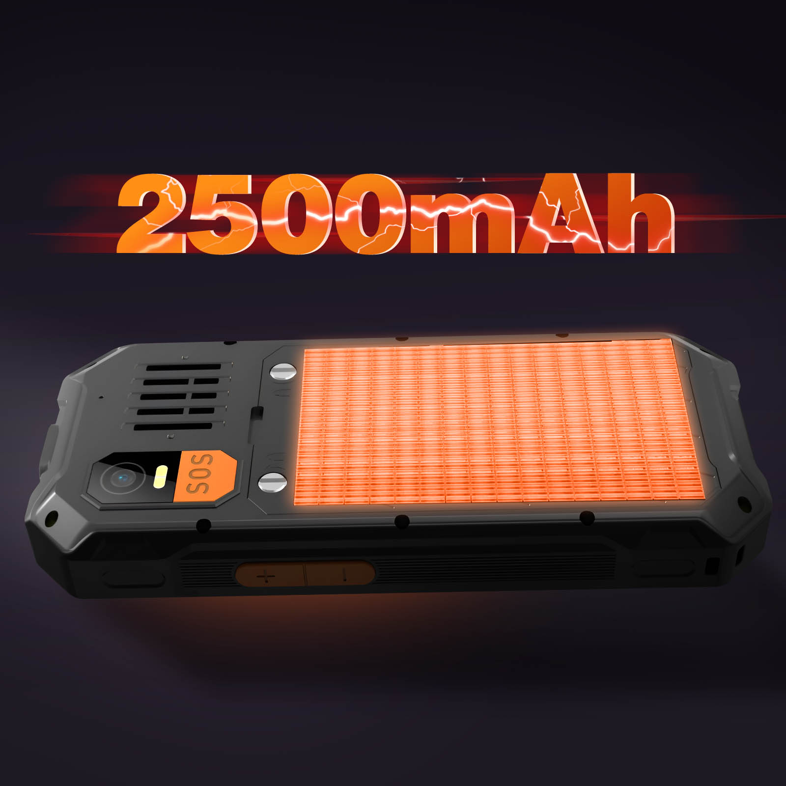 Smartphone negro y naranja con botón SOS. La capacidad de la batería es de 2500 mAh. El teléfono está sobre una superficie oscura.