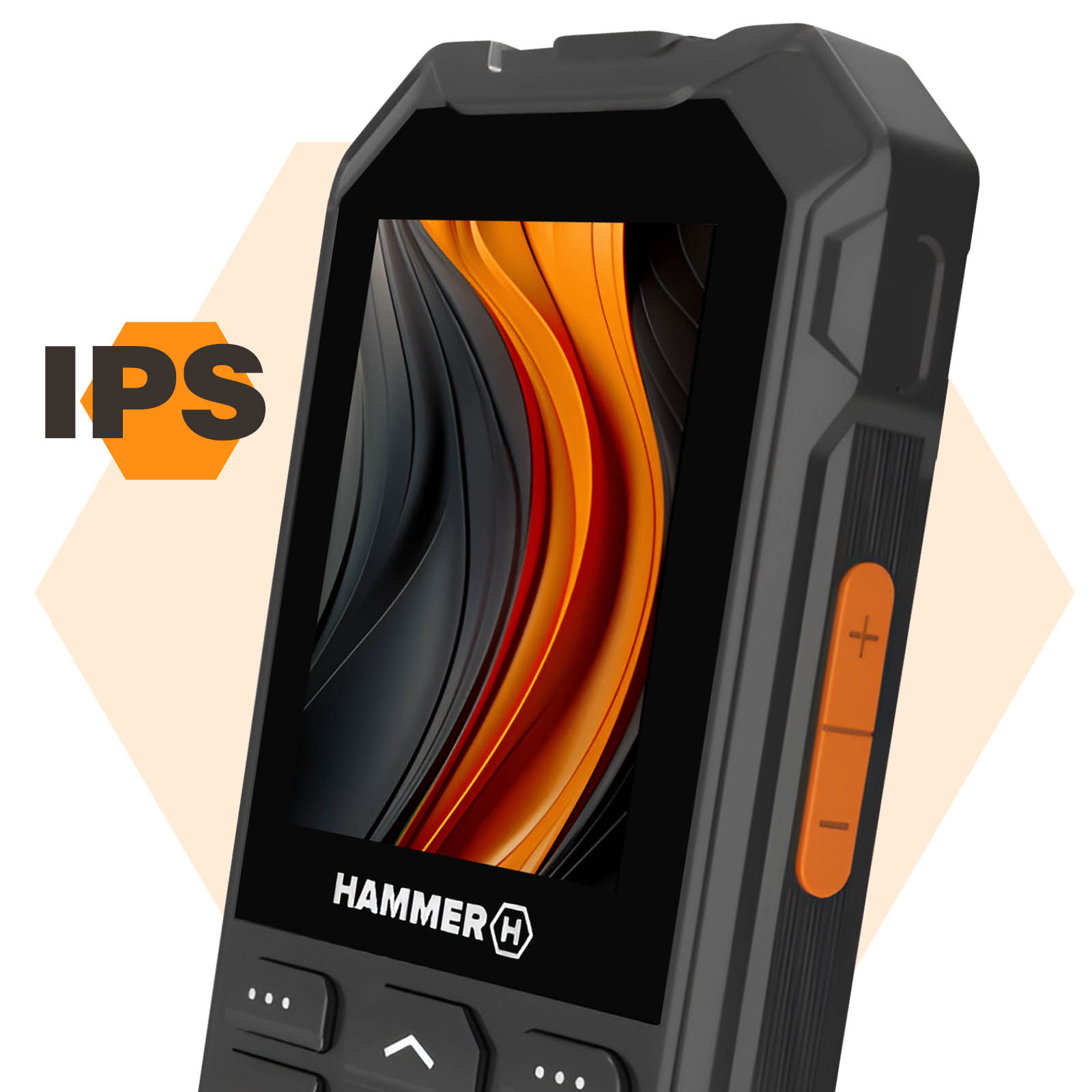 Primer plano de un smartphone negro resistente con detalles en naranja. Muestra una imagen abstracta colorida.