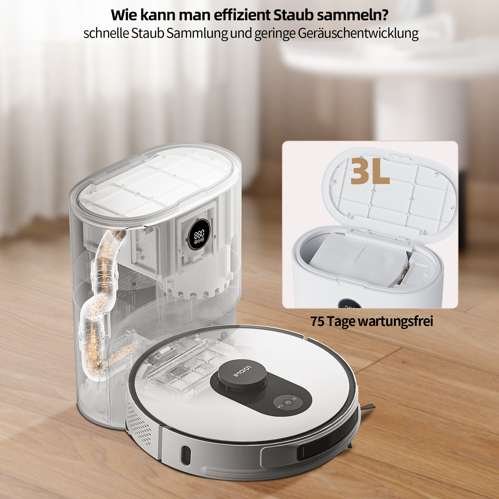 Ein Roboter-Staubsauger mit Staubbehälter. Text: 75 Tage wartungsfrei.