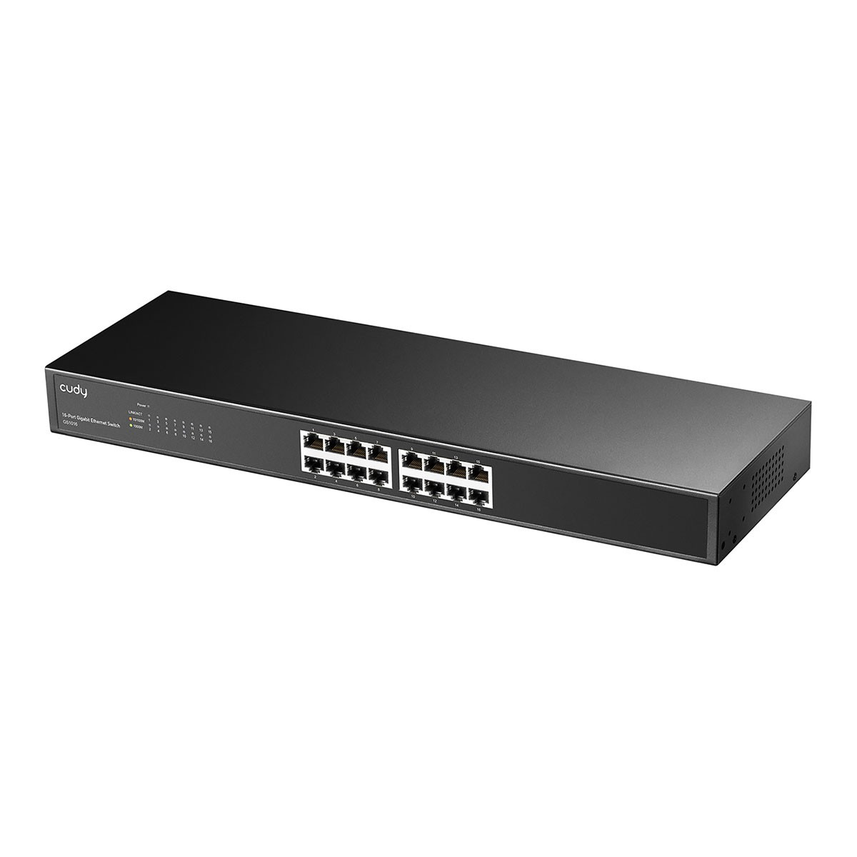 Commutateur Ethernet noir à 16 ports. Caractéristiques : Alimentation, Liaison/Act et ports Ethernet.