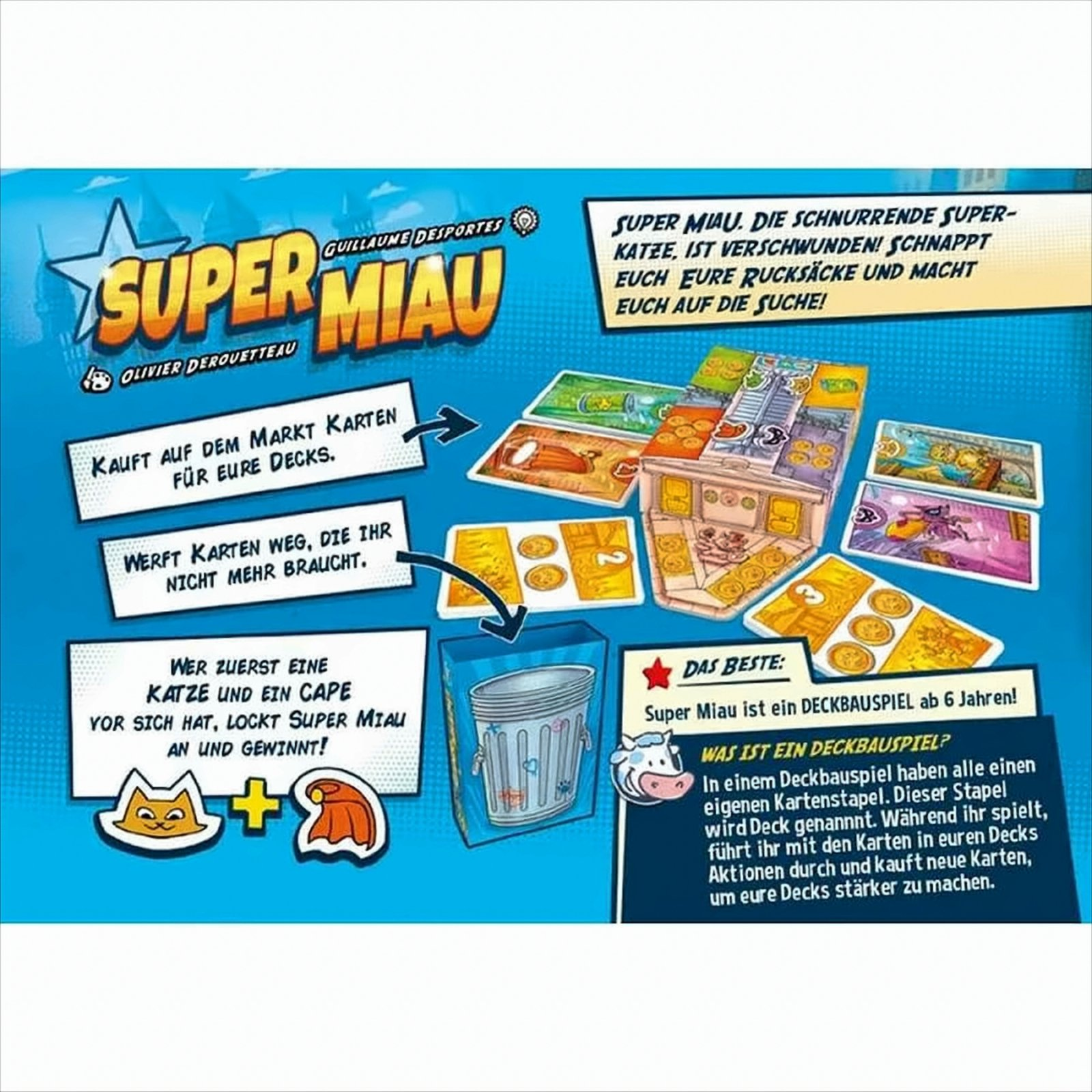 Eine Brettspielbox mit Illustrationen und Text auf Deutsch. Text enthält "Super Miau" und Spielanweisungen.